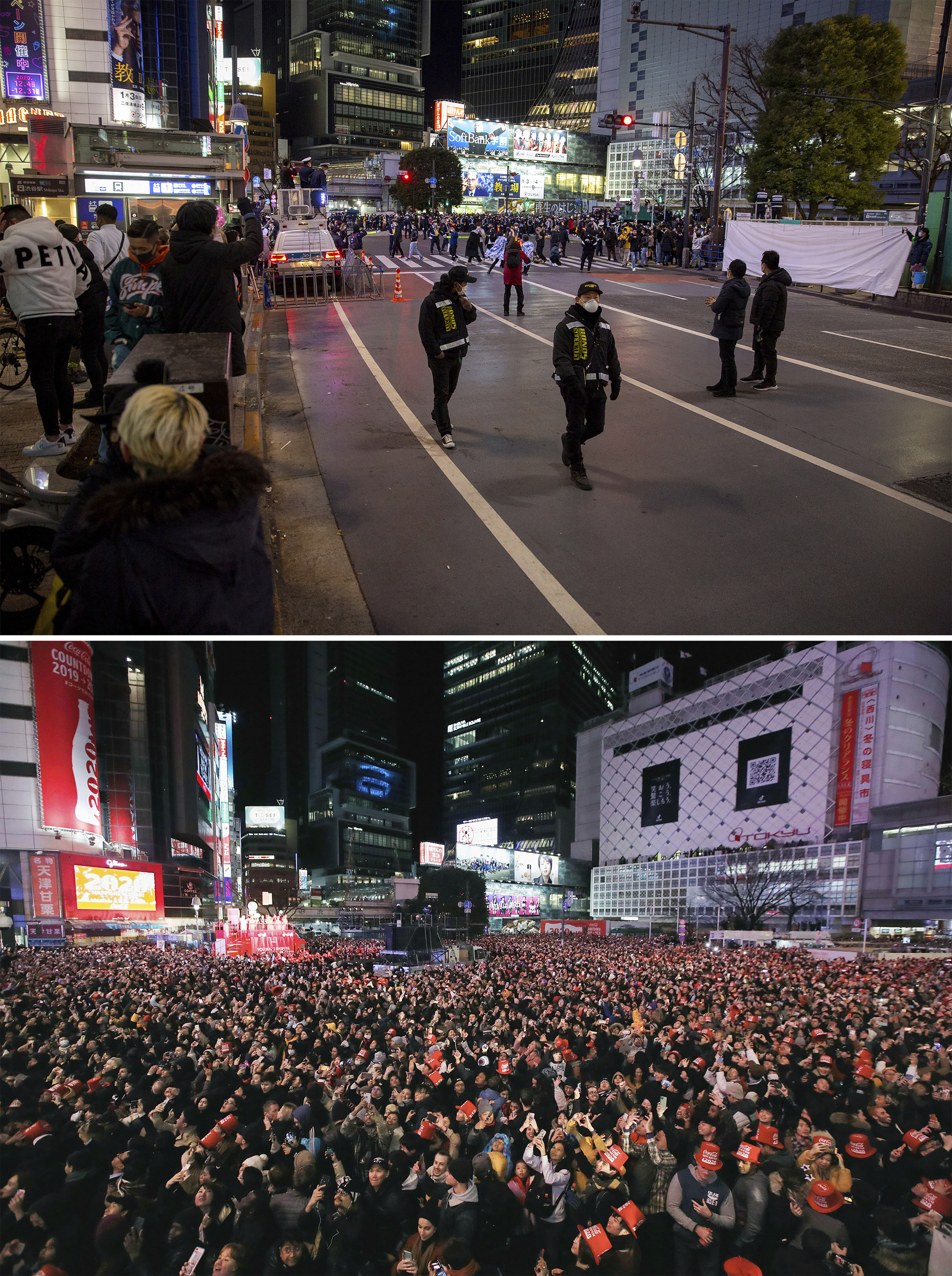 This combo image shows at top, police direct visitors around Shibuya crossing, a popular location for New Year's Eve gathering, Thursday, December 31 2020 in Tokyo, and below, people gather to welcome the arrival of the New Year at the crossing in Tokyo January 1 2020