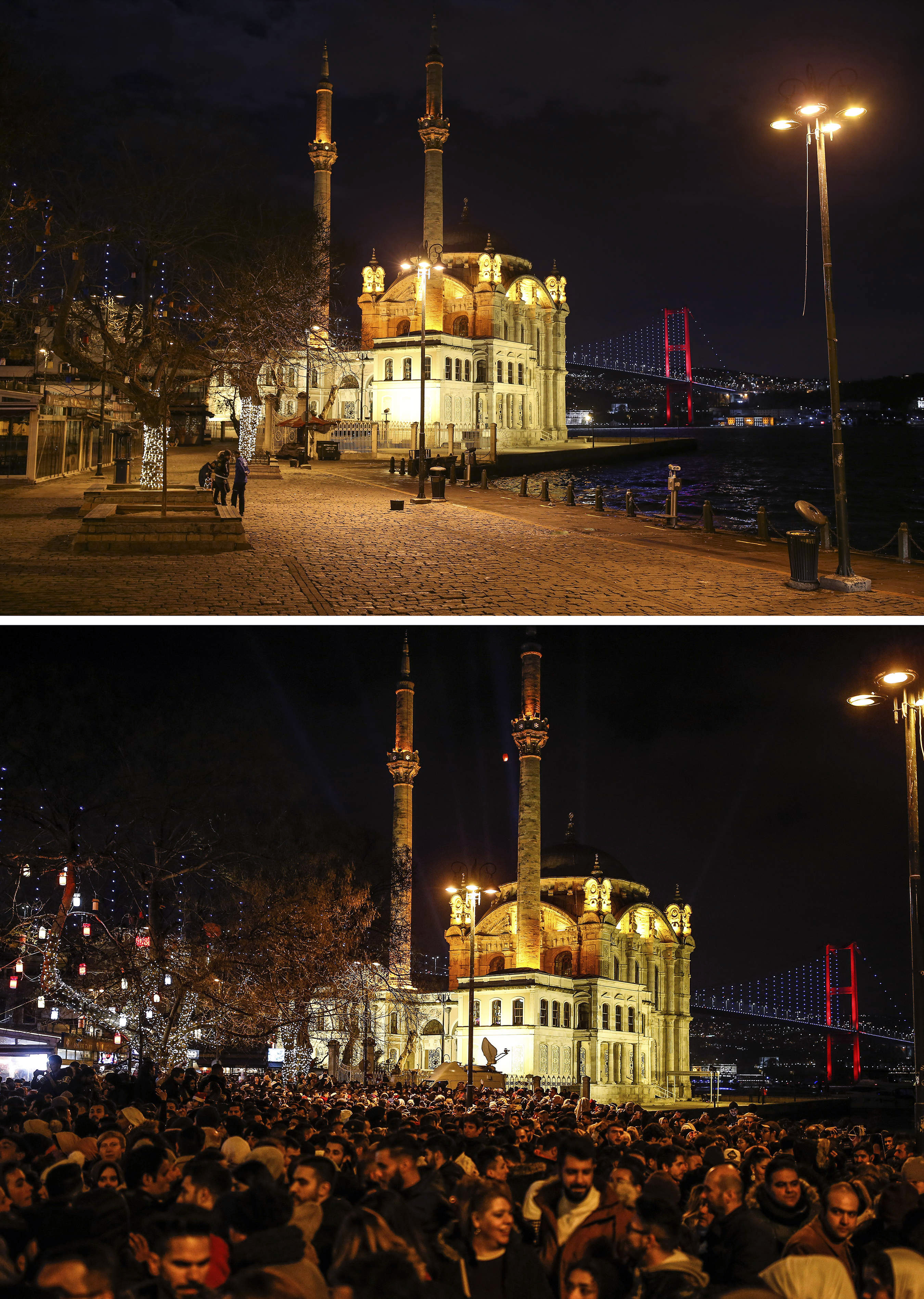 The plaza in front of the Ottoman-era Mecidiye mosque in Ortakoy Square in Istanbul on December 31 2020, top, and on January 1 2020