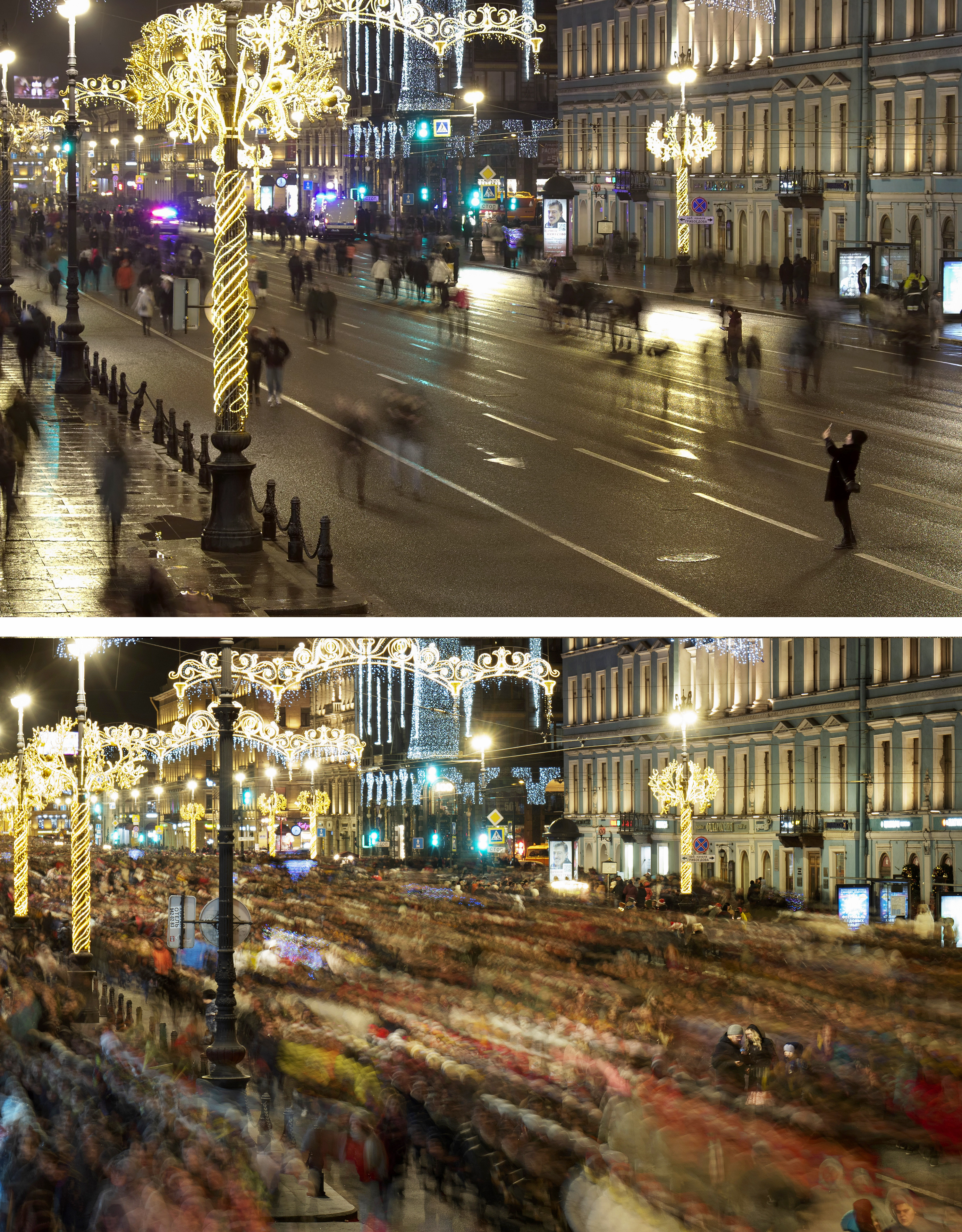 New year celebrations in St Petersburg, Russia, on January 1 2021, top, and on January 1 2020
