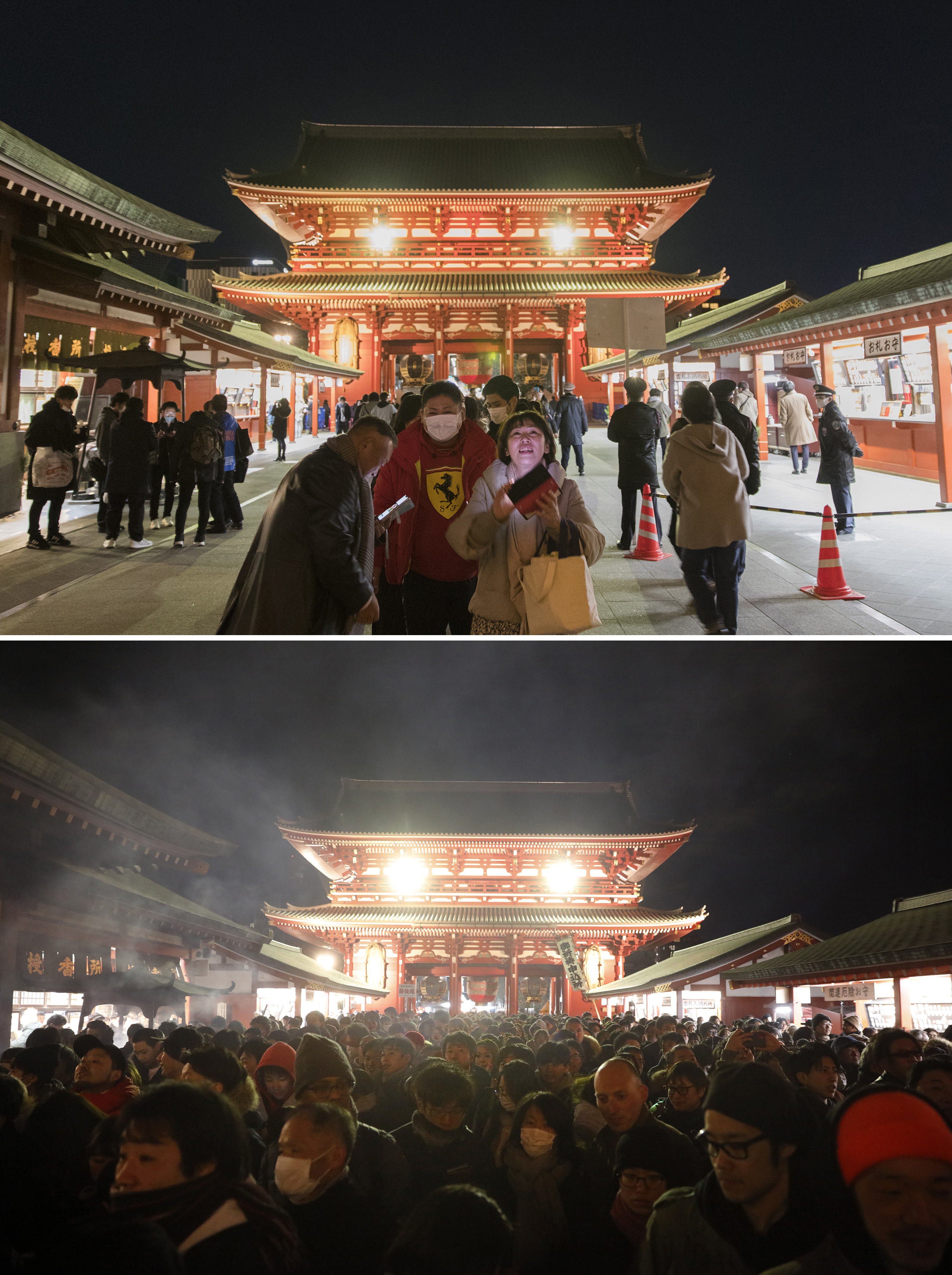 Sensoji Temple in Tokyo on December 31 2020, top, and on January 1 last year
