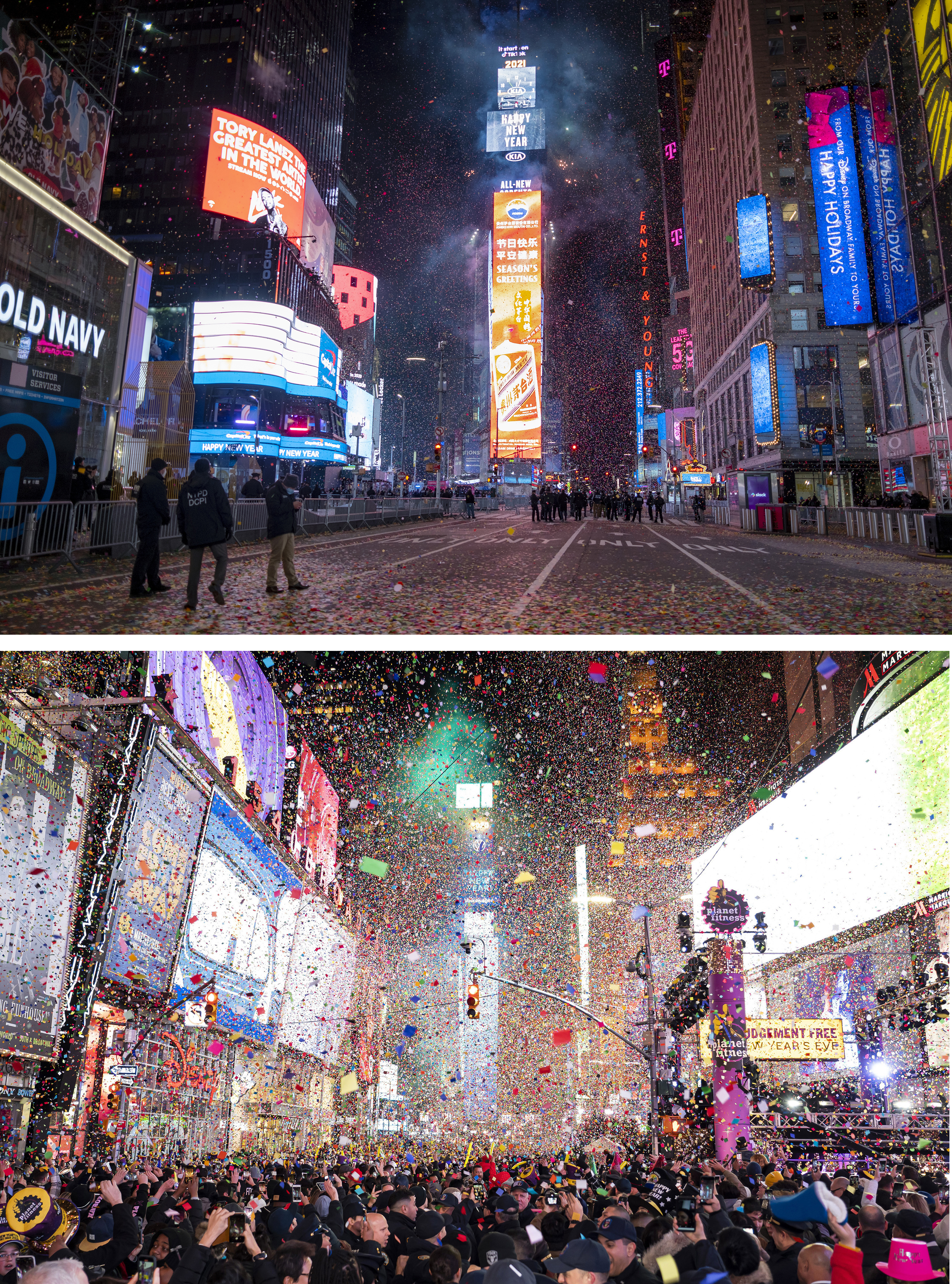 Times Square in New York in the early hours of January 1 2021, top, and on New Year's Day last year