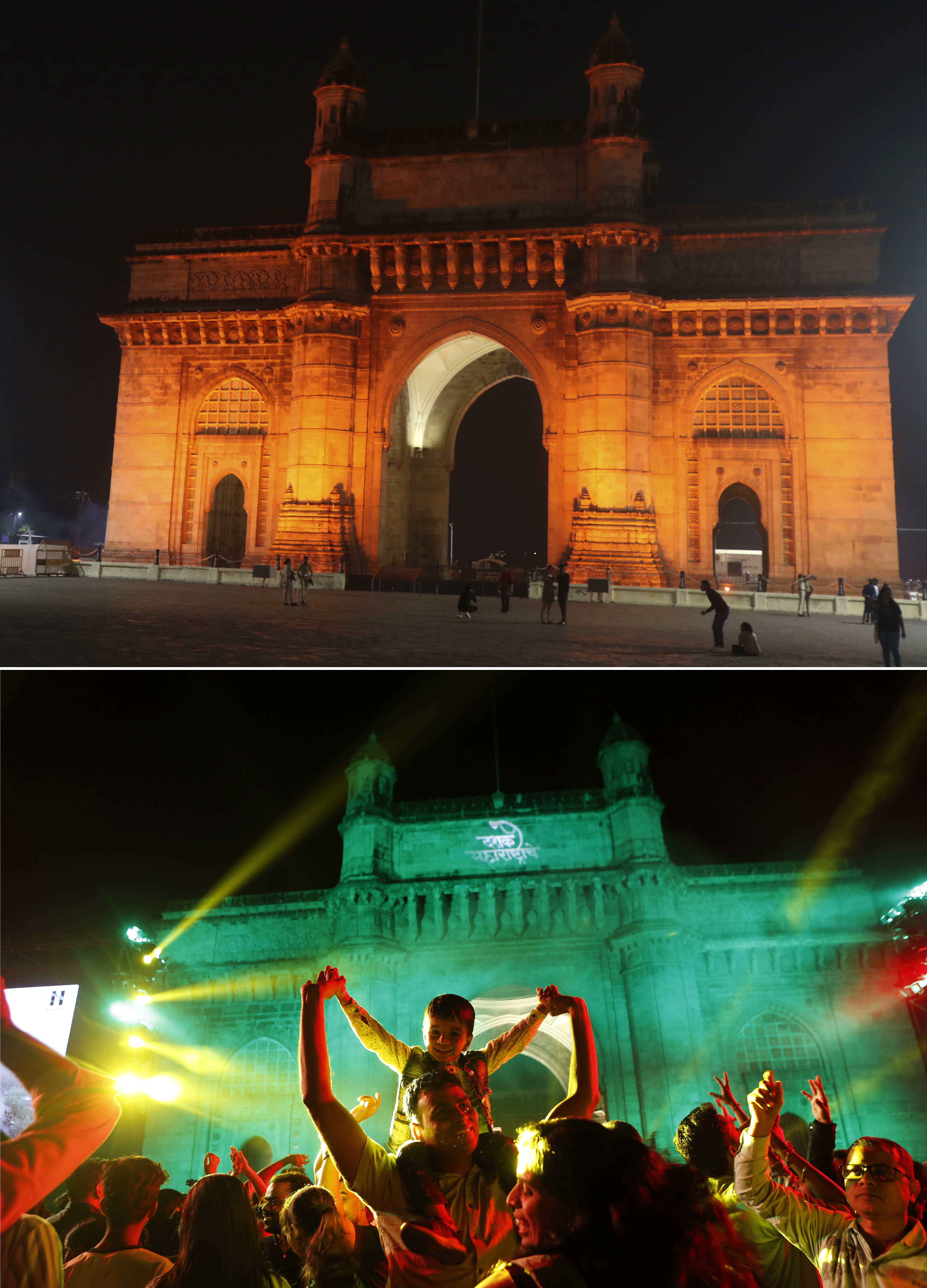 The Gateway of India in Mumbai on December 31 2020, top, and on December 31 2019