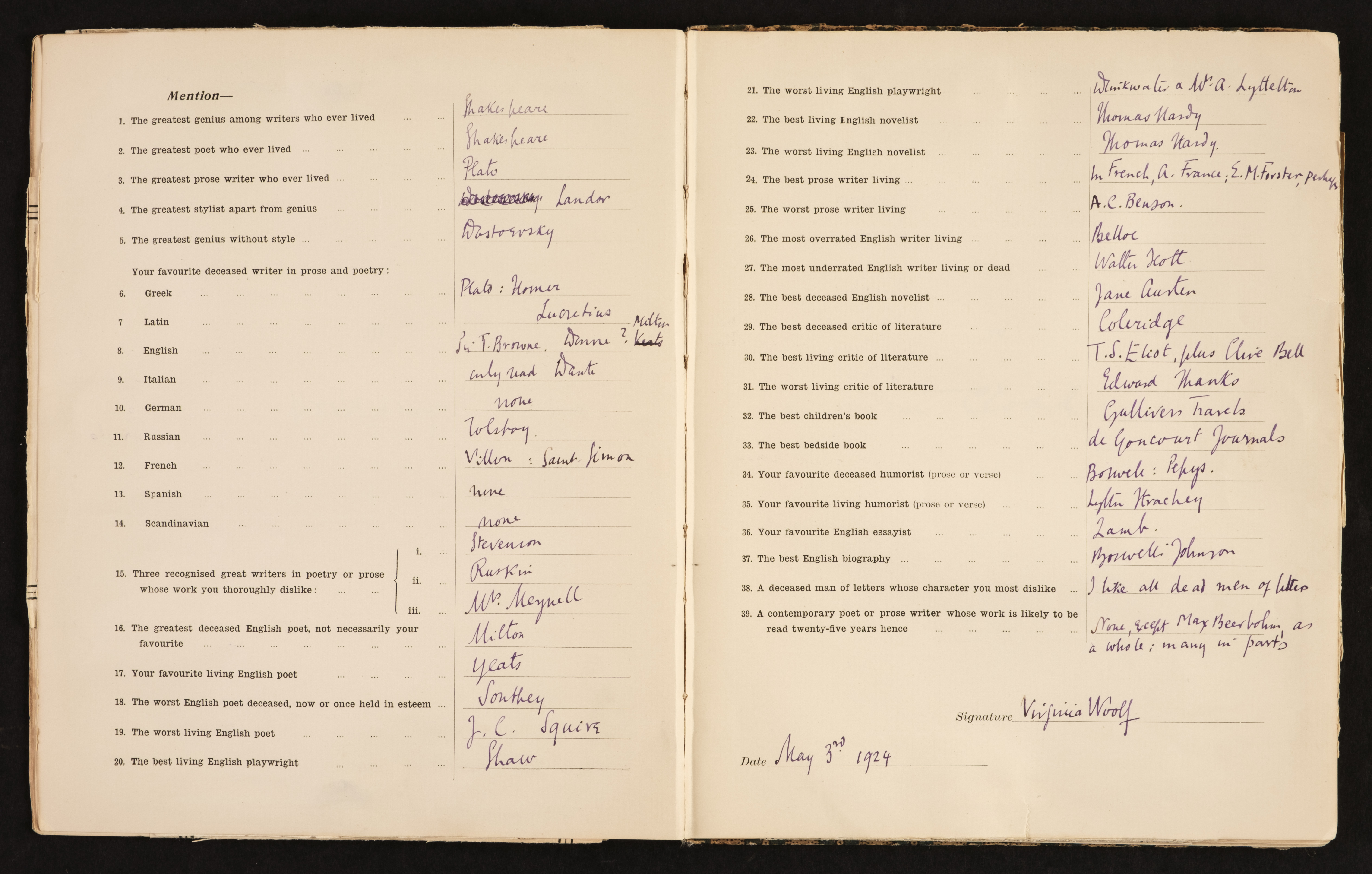 Virginia Woolf answered all 39 questions in her distinctive purple ink (Dominic Winter Auctioneers/PA).