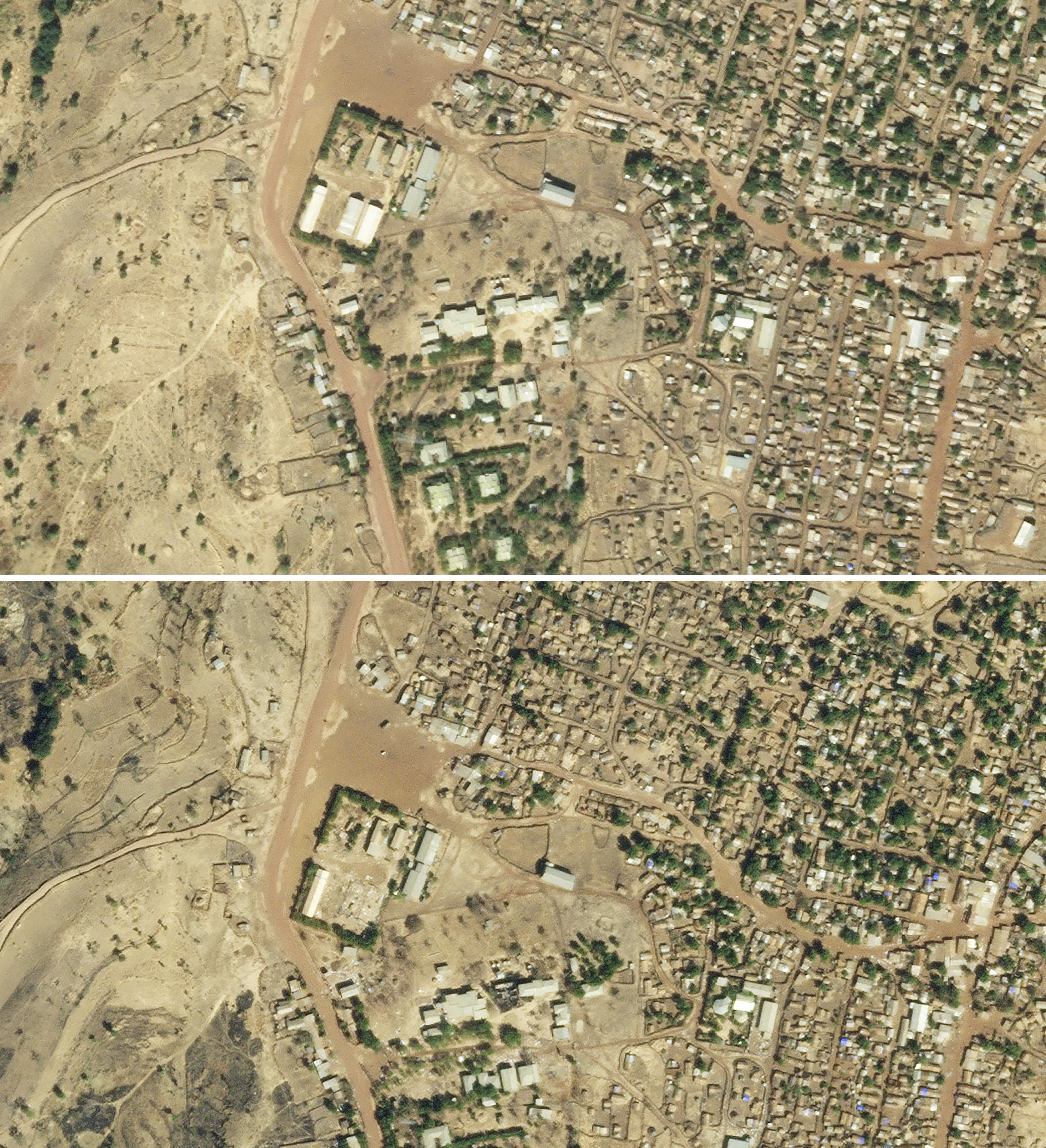 Satellite photo showing the destruction of UN warehouses at the Shimelba refugee camp, bottom centre left, and before it was destroyed, top 