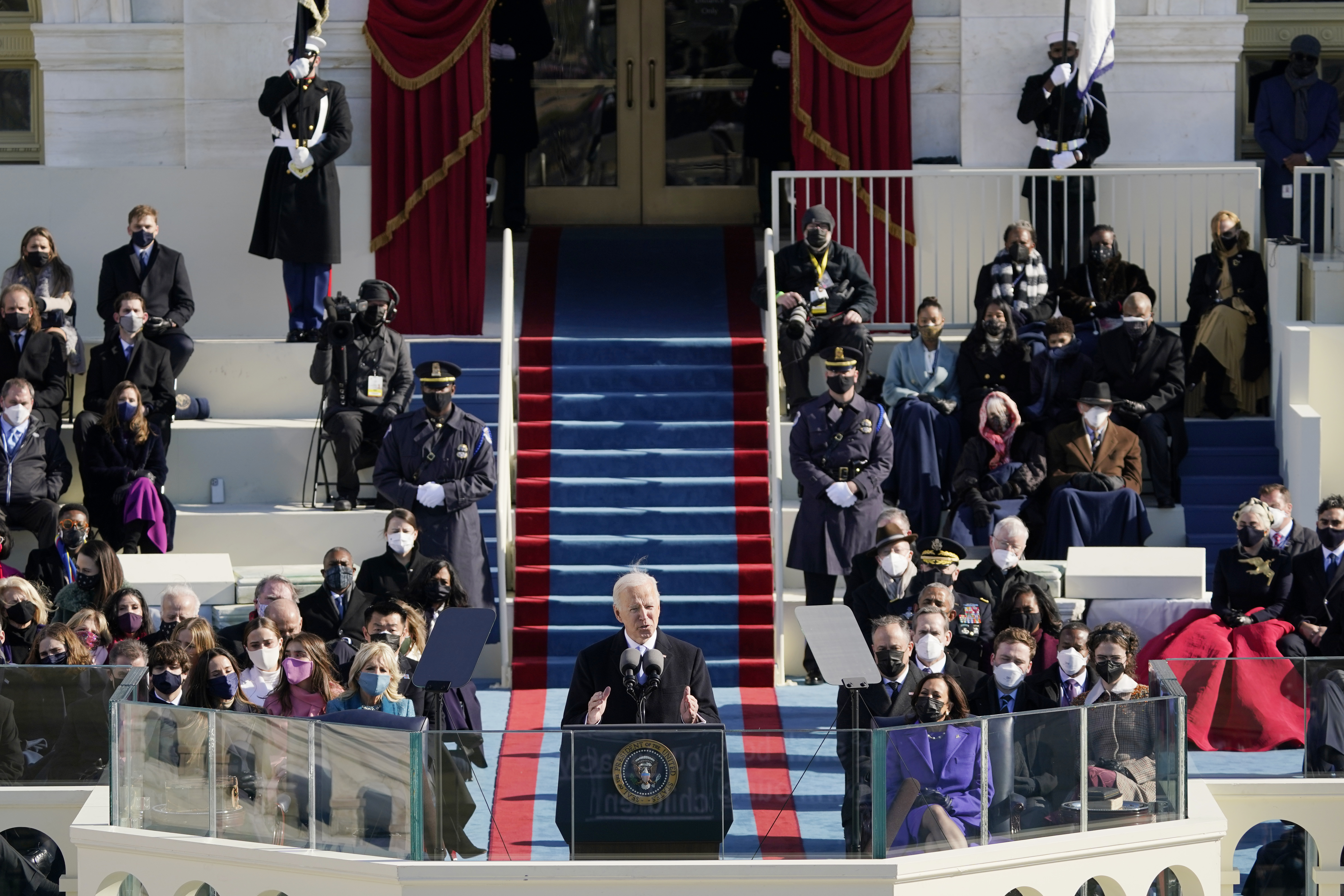 President Joe Biden speaks during the 59th presidential inauguration at the US Capitol in Washington 