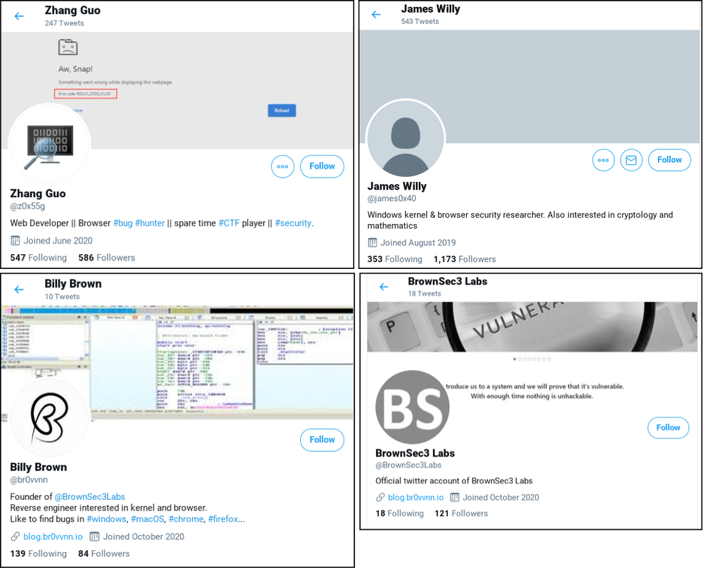 Examples of fake accounts used by hackers