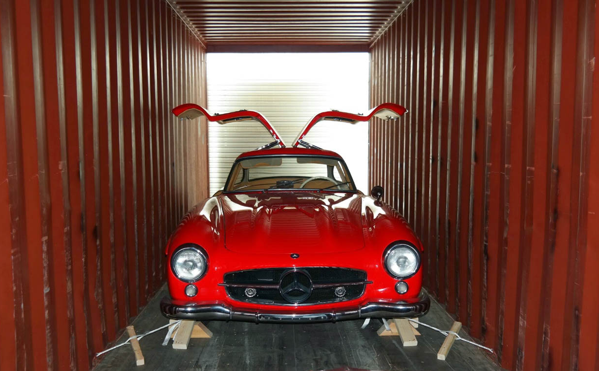 Classic car in shipping container