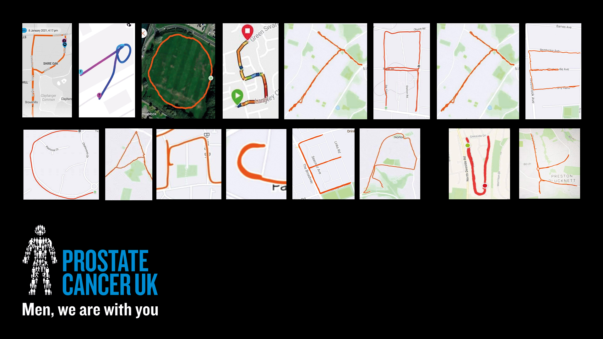 Runners spell out 'PROSTATE CANCER UK' on their running apps