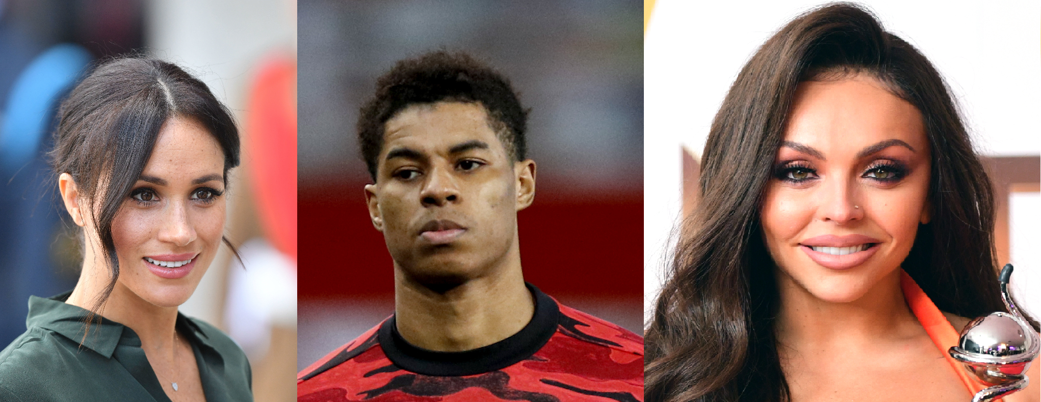 The Duchess of Sussex, Marcus Rashford, and Jesy Nelson have all been subject to online abuse (Dominic Lipinski, Phil Noble, Ian West/PA composite)