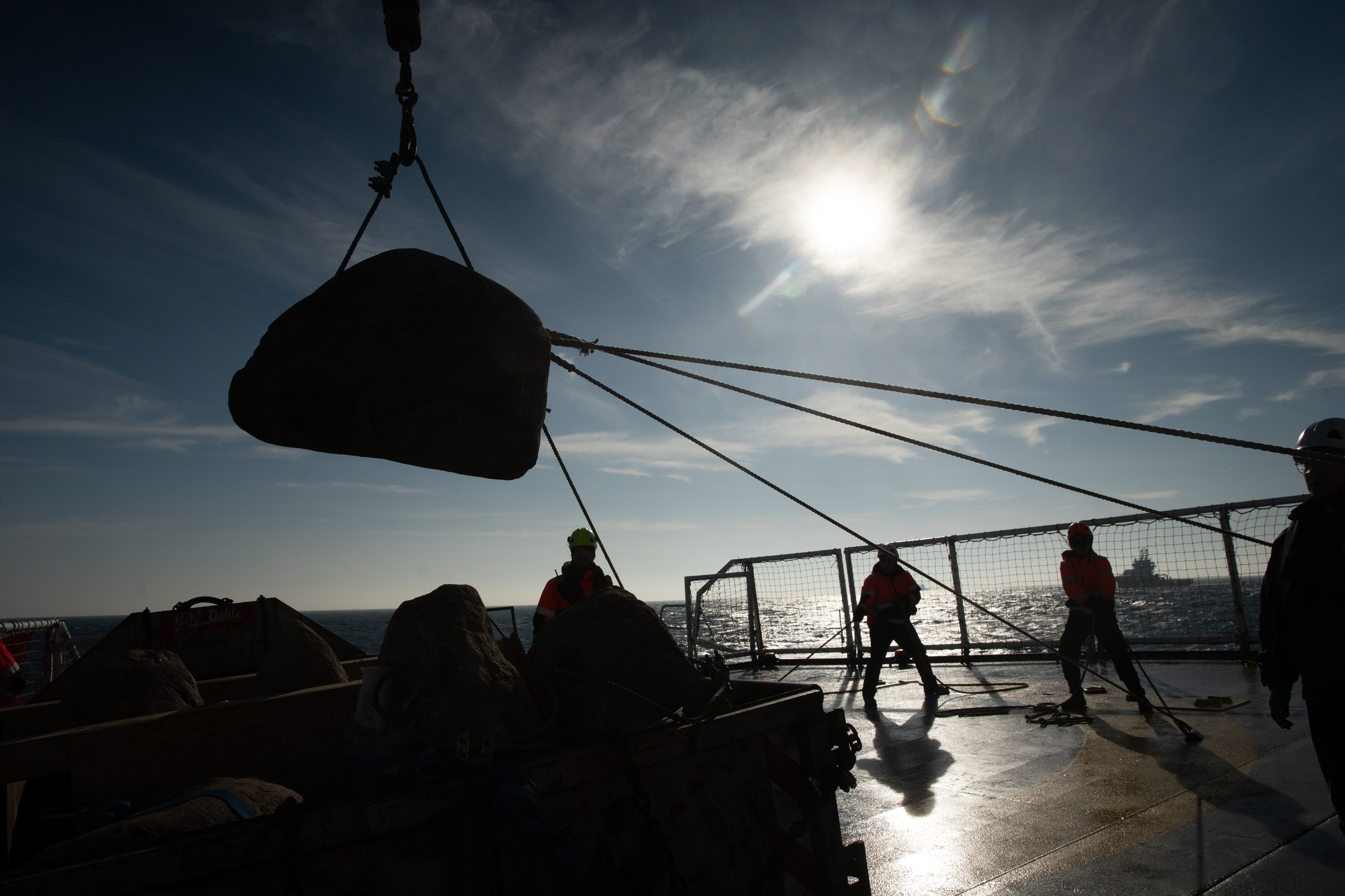 Esperanza crew prepare boulders for placement in the Brighton Offshore marine protected area (Suzanne Plunkett/Greenpeace/PA)