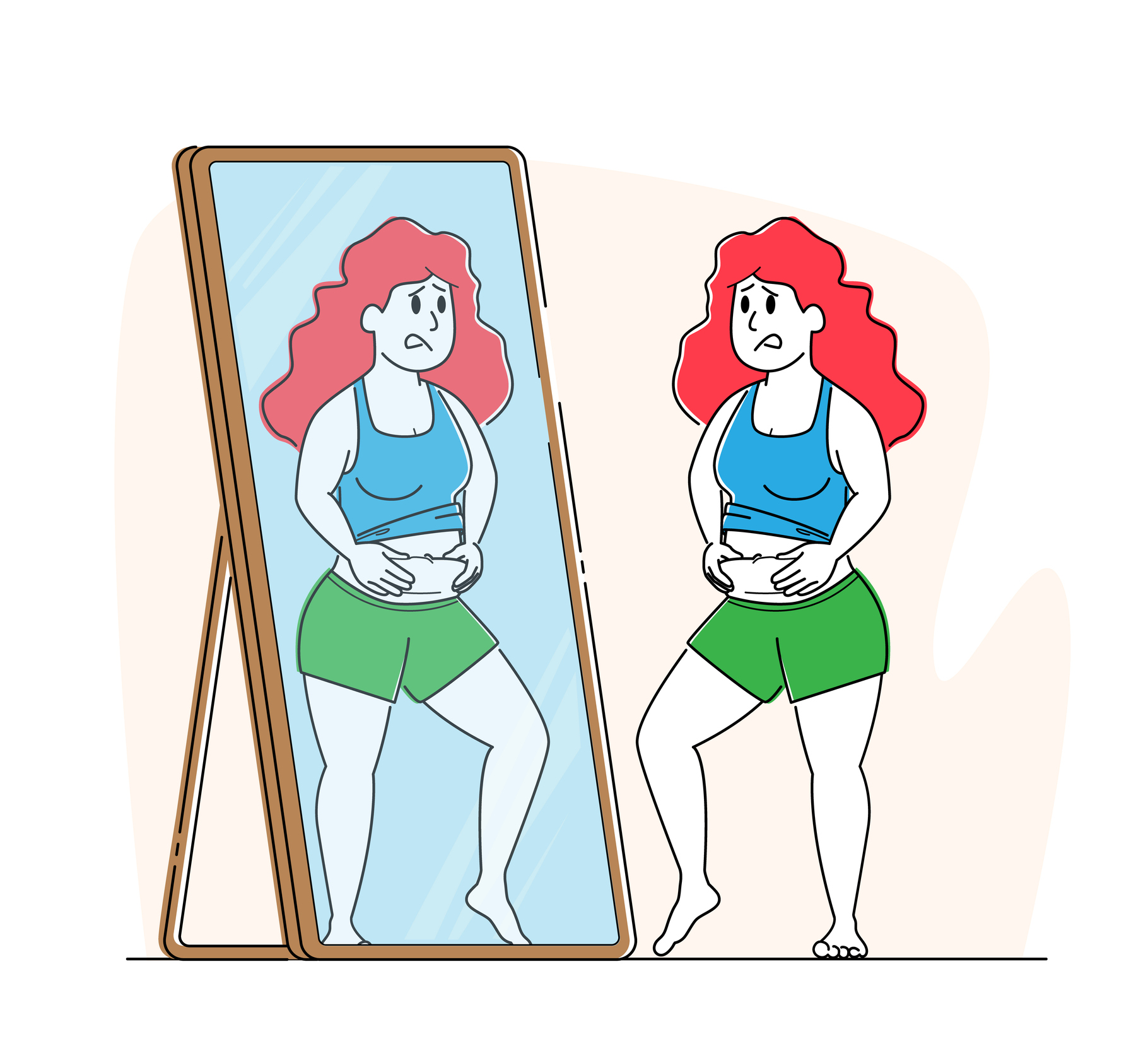 Illustration of woman looking in the mirror unhappy with her body