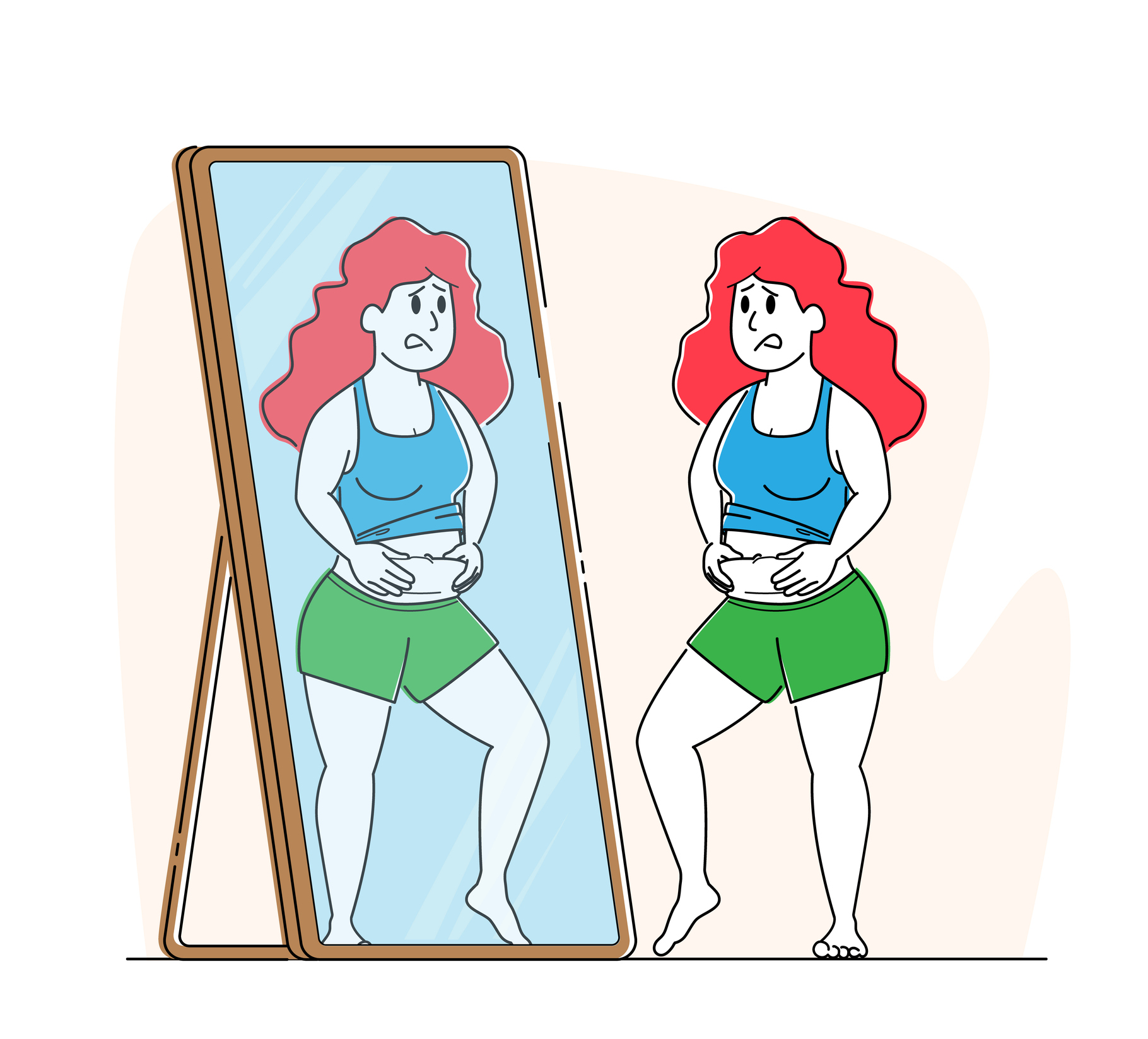 illustration of woman looking in the mirror unhappy with her body