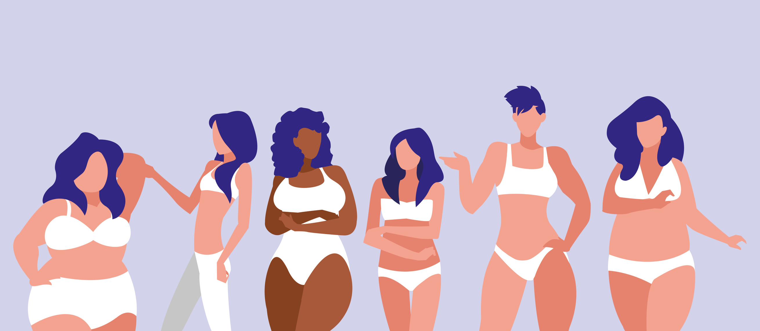 Illustration of women of different sizes and races modeling underwear