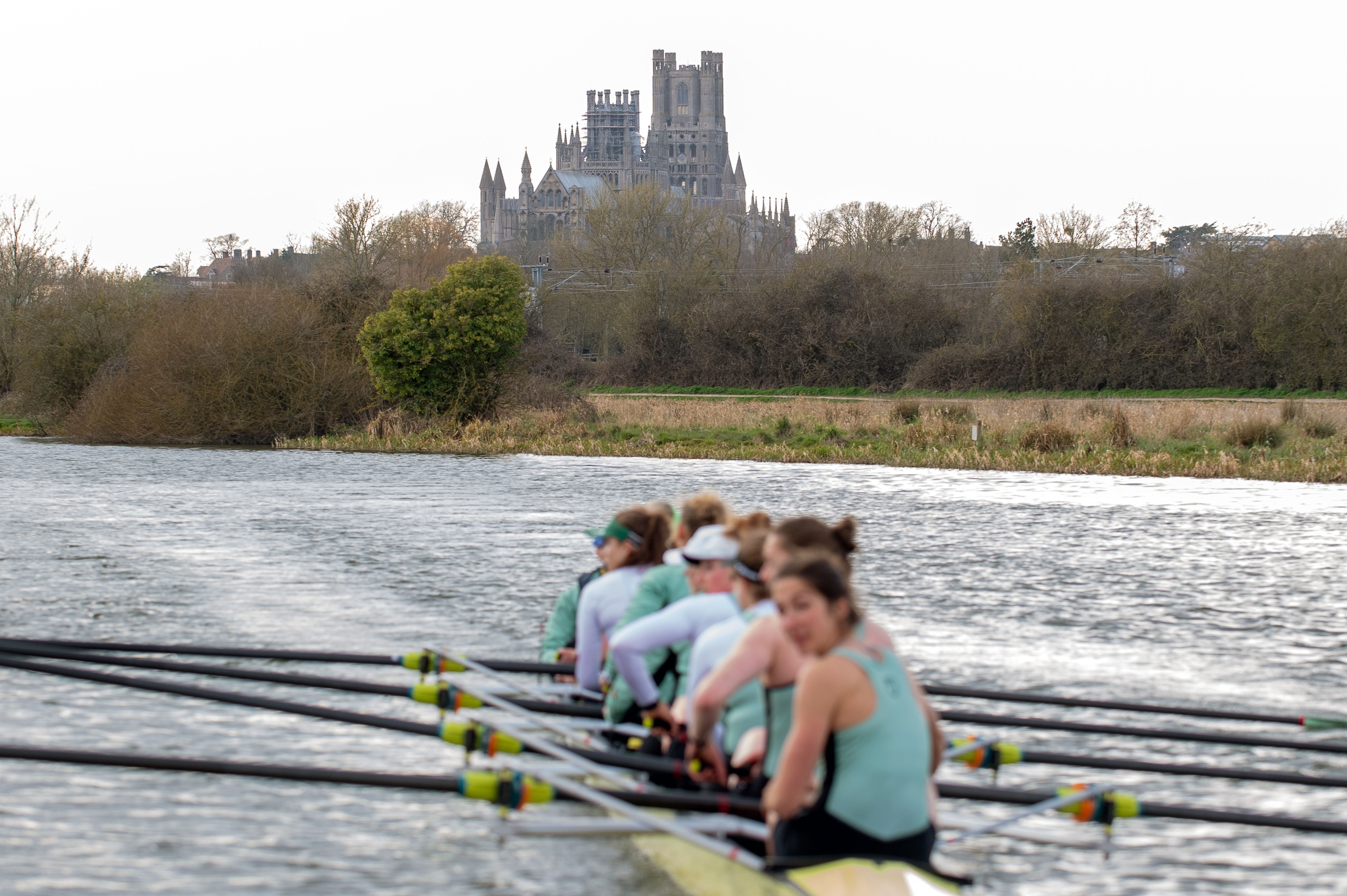 Cambridge University Boat Club women's crew train on the River Great Ouse near Ely in Cambridgeshire ahead of the 2021 Boat Race. PA Photo. Picture date: Wednesday March 25, 2021. (Joe Giddens/ PA)