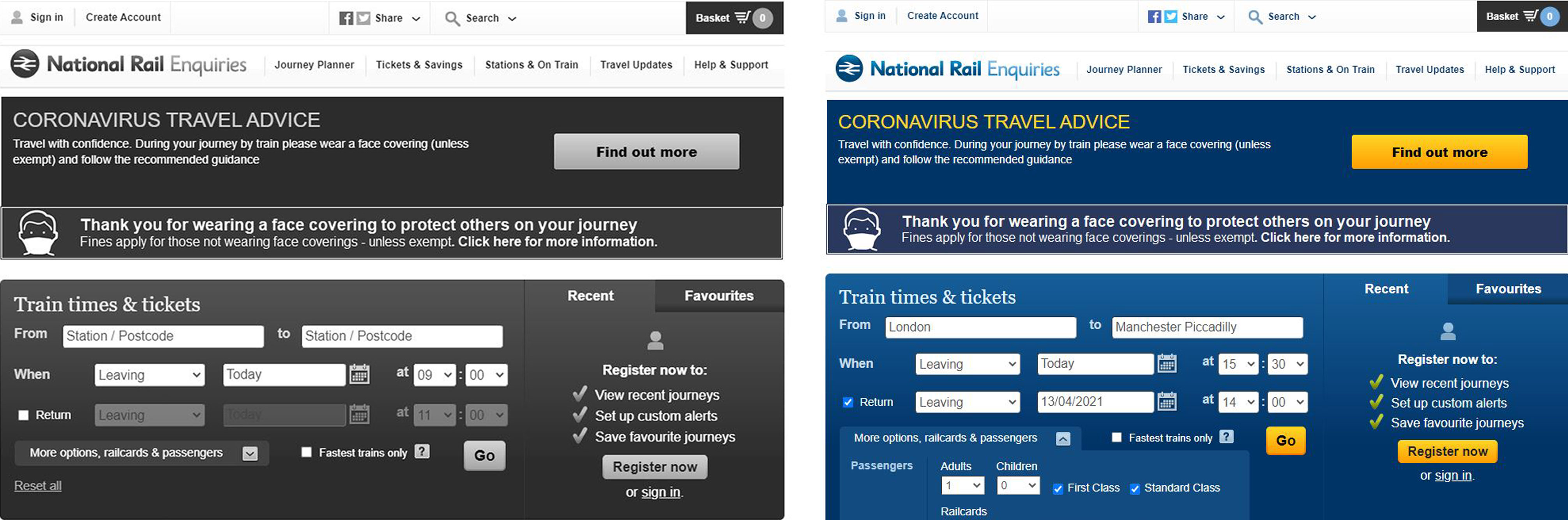 Screengrab of the National Rail Enquiries website