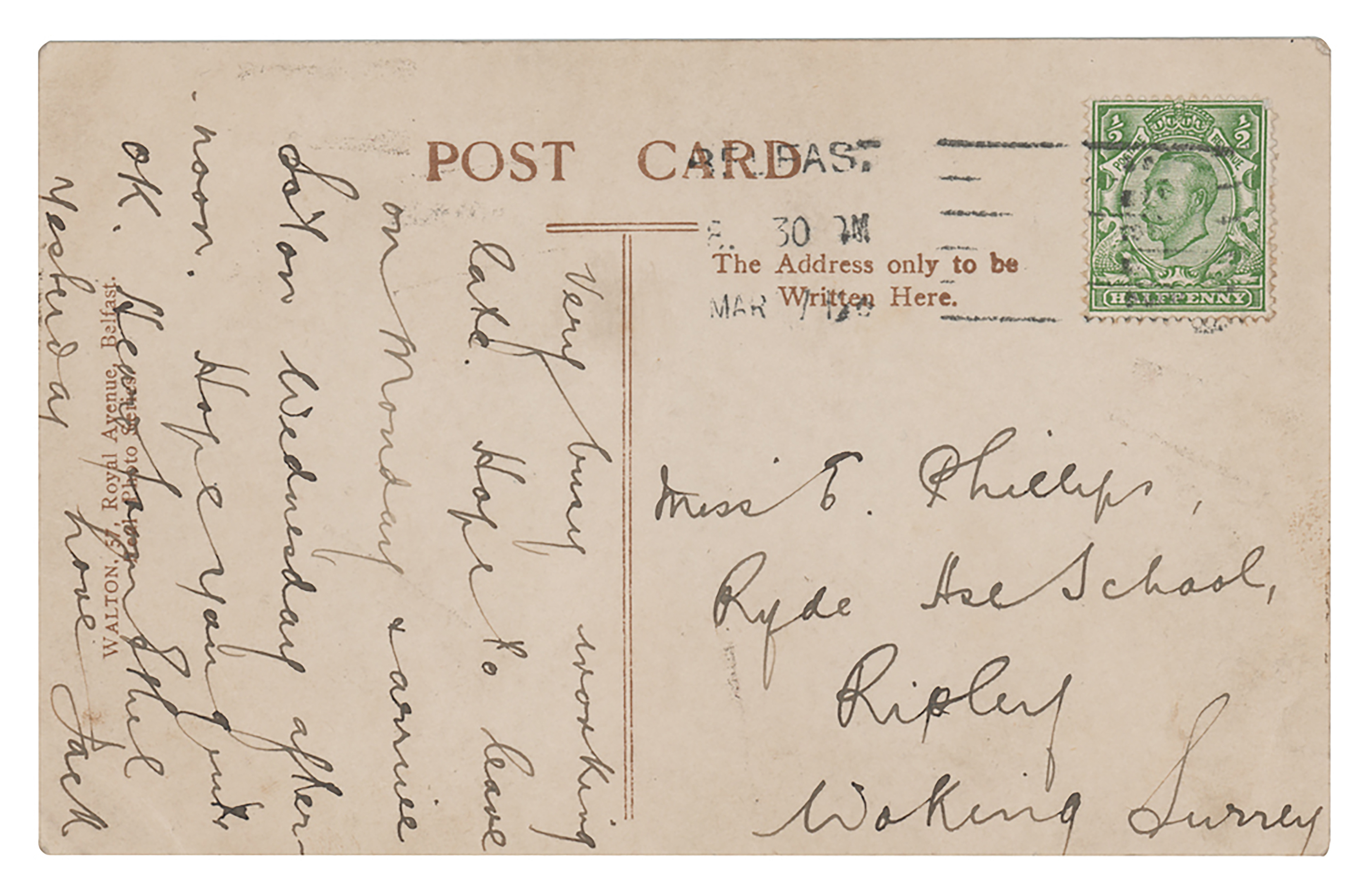 A photocopy of a postcard, provided by RR Auction, with a message written in March 1912 by the Titanic's senior wireless operator Jack Phillips, is shown with a postage stamp attached