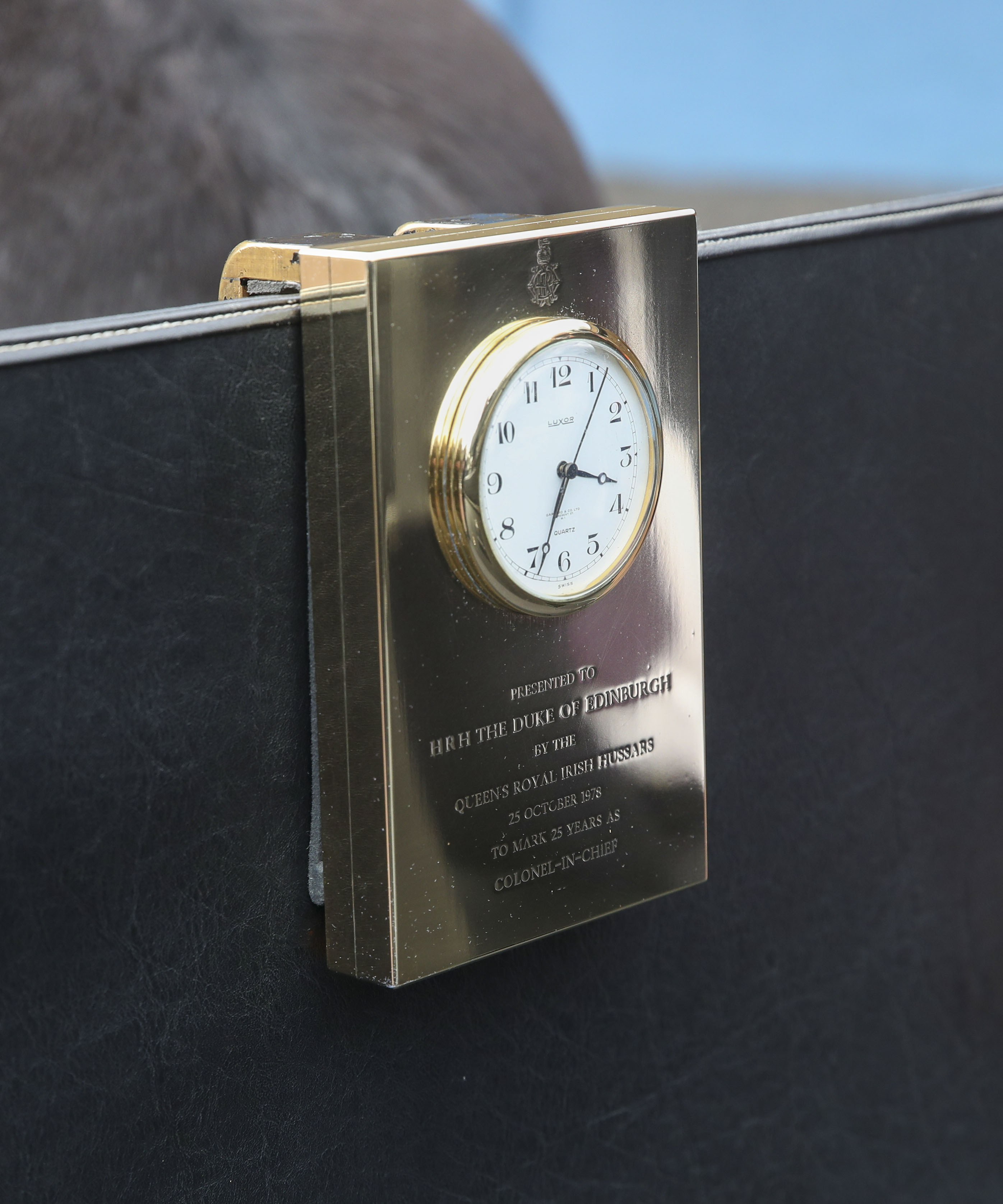 The clock and plaque on the driving carriage used by Philip