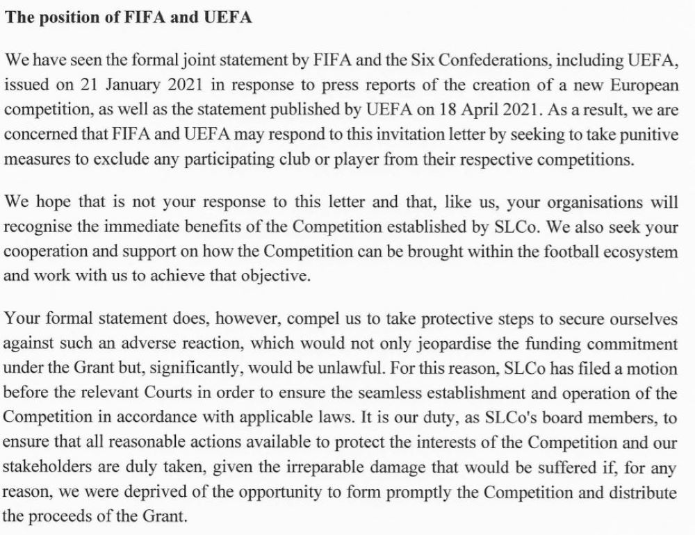 Excerpt of letter from Super League to UEFA and FIFA 