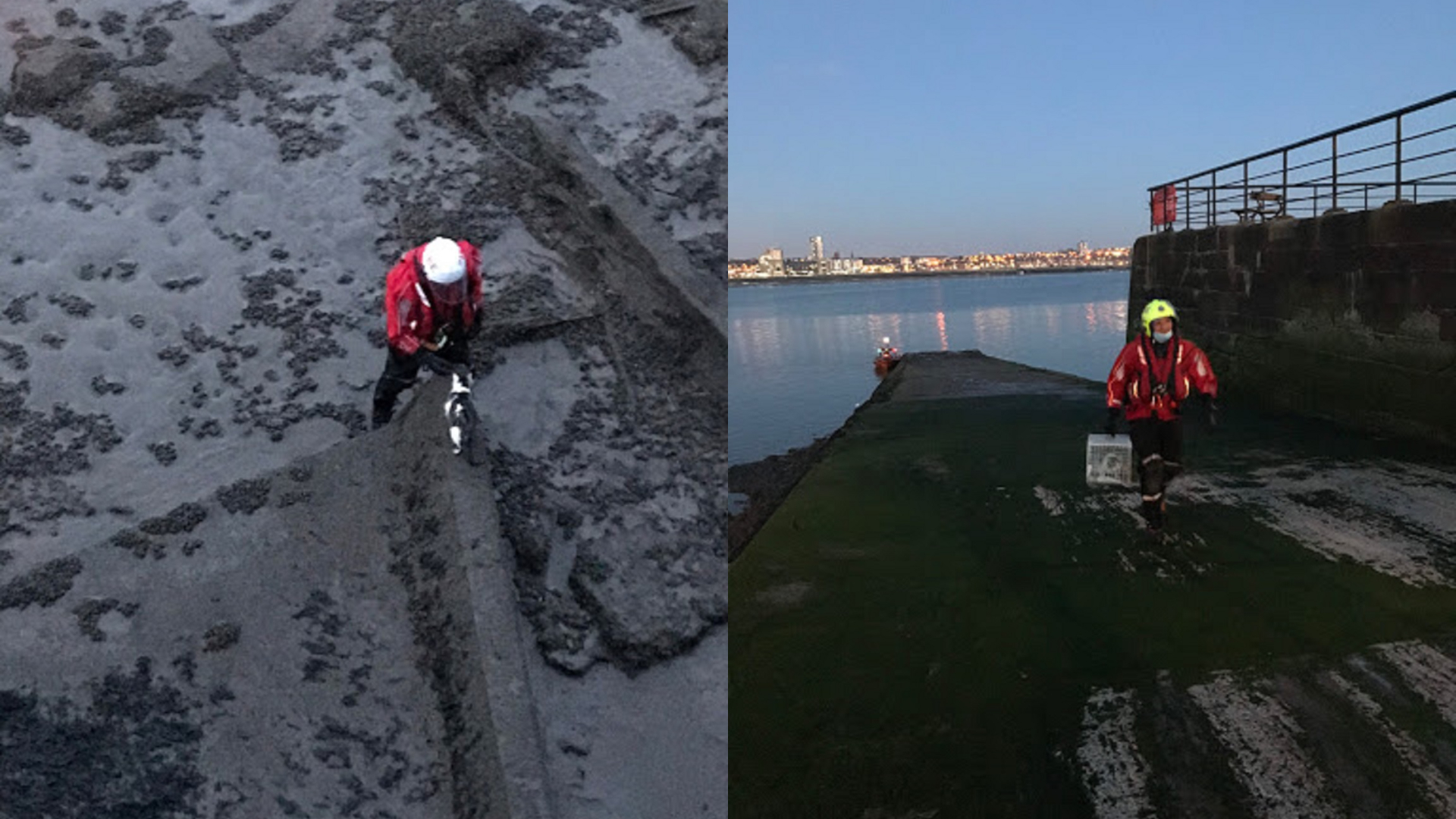 Ollie the cat is rescued from the River Mersey by a person in a red top as the sun sets and night draws in