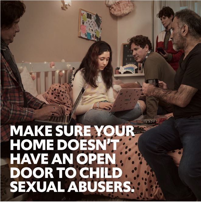 A girl in her bedroom is surrounded by men with their phones. It is an image from the Home Truths campaign by the Internet Watch Foundation (Internet Watch Foundation/PA)