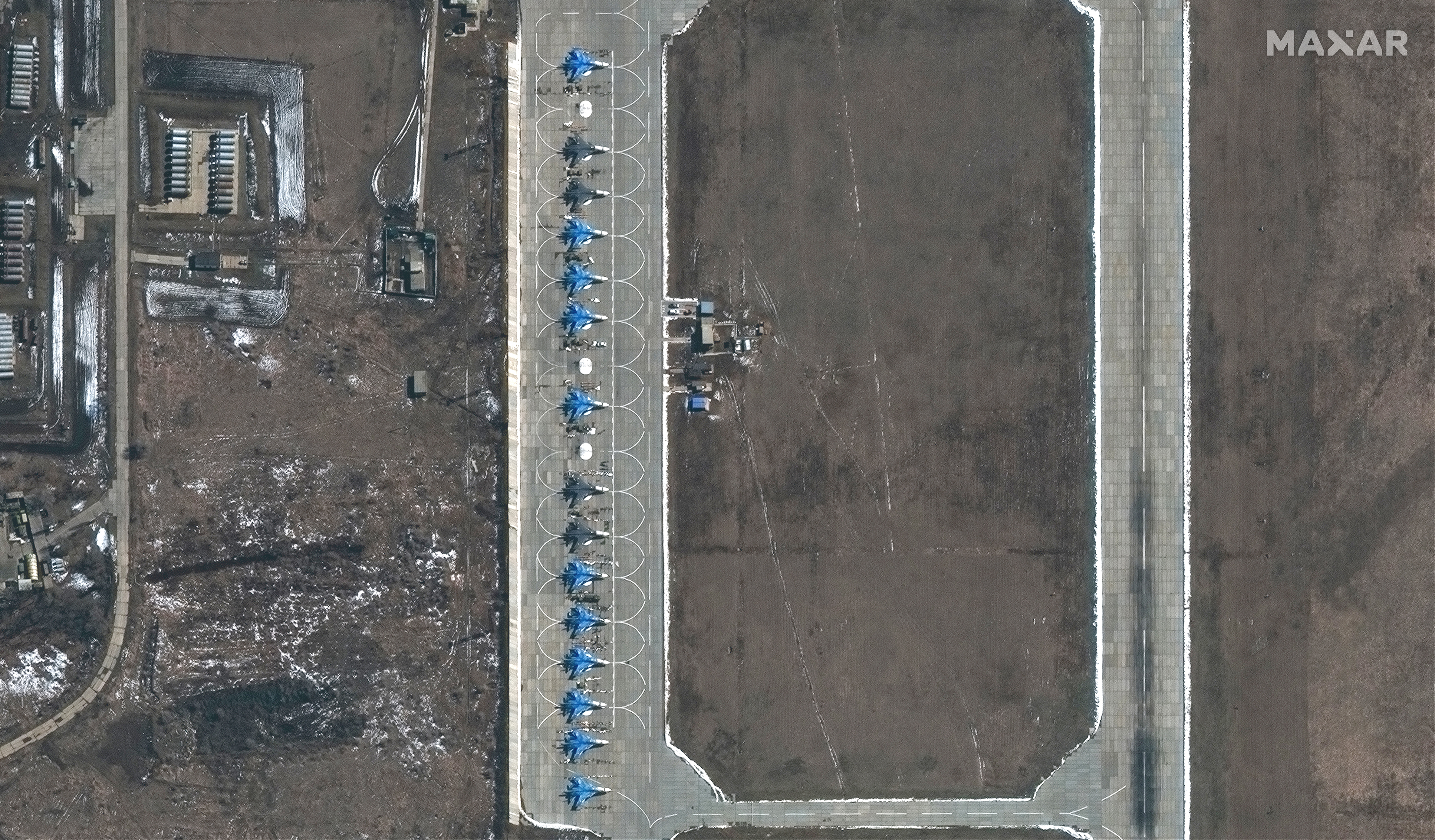 Eleven SU-34 aircraft at the Morozovsk airbase in Russia
