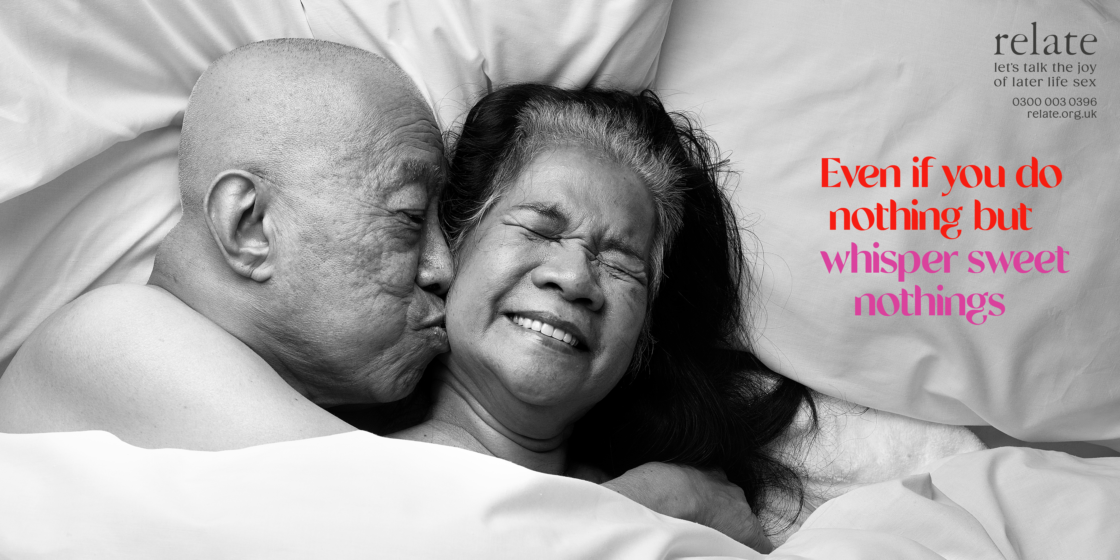 older couple lying in bed together with caption 'Even if you do nothing but whisper sweet nothings'