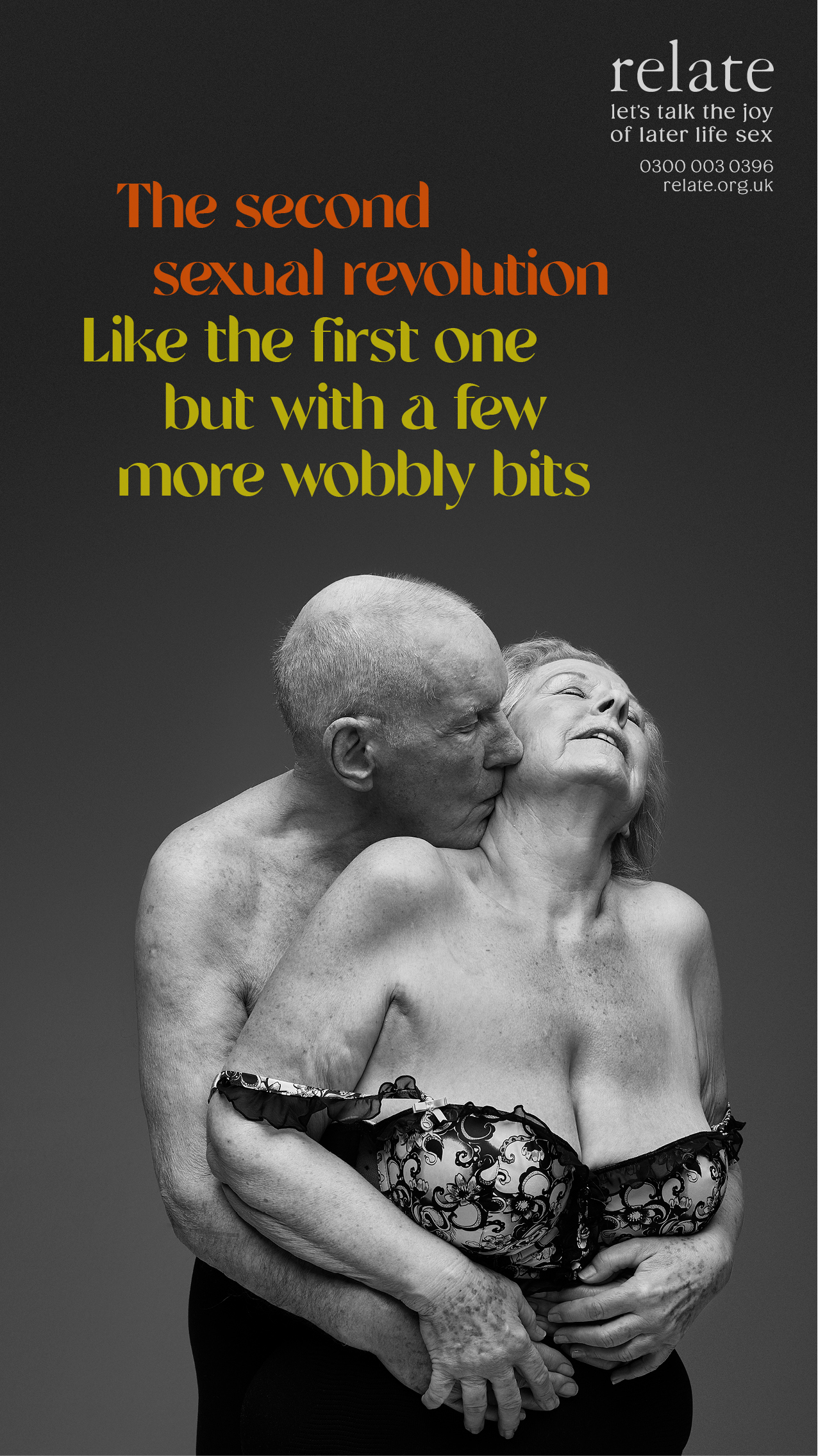 older man and woman embracing passionately with caption 'The second sexual revolution. Like the first one but with a few more wobbly bits.'