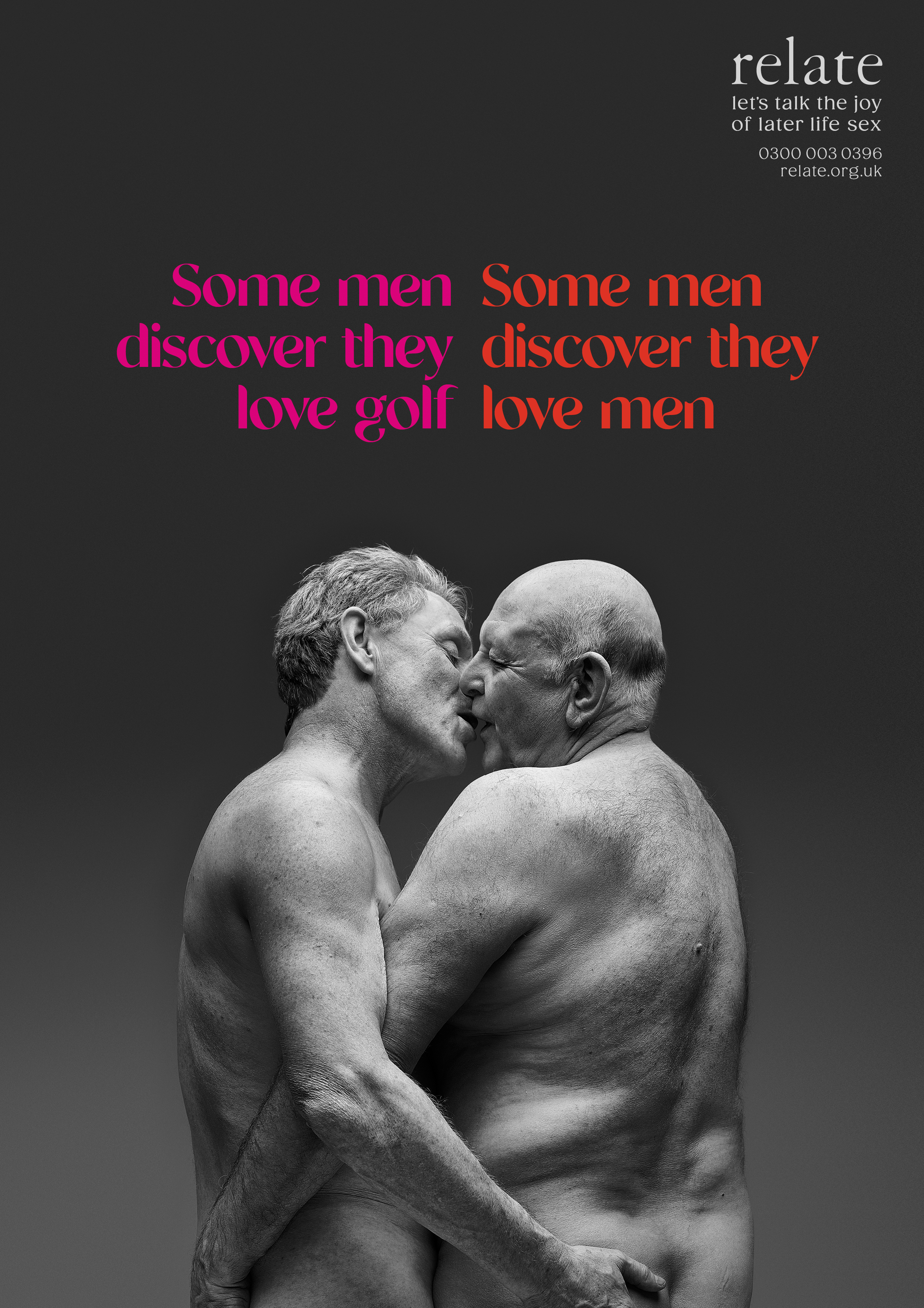 older men kissing and embracing with caption 'Some men discover they love golf. Some men discover they love men.'