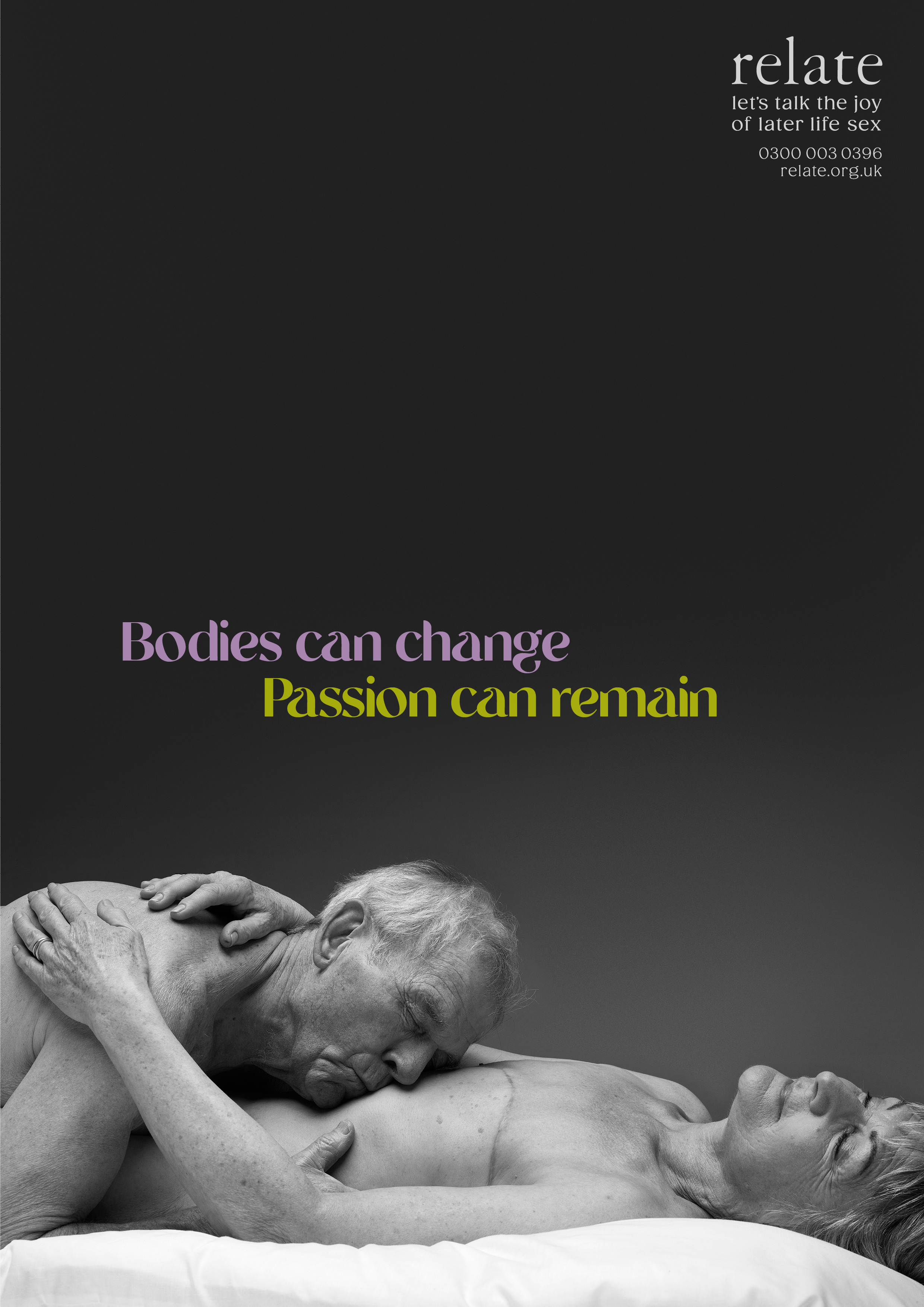 Older couple lying naked together with caption 'bodies can change. Passion can remain'
