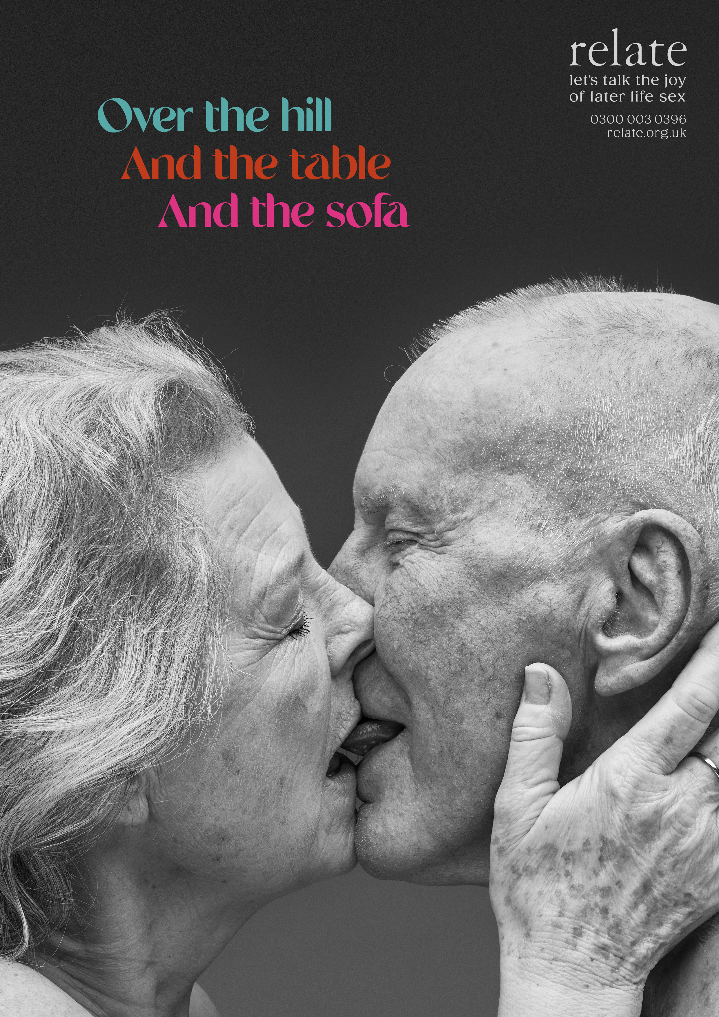 older man and woman kissing with caption 'Over the hill, and the table, and the sofa'