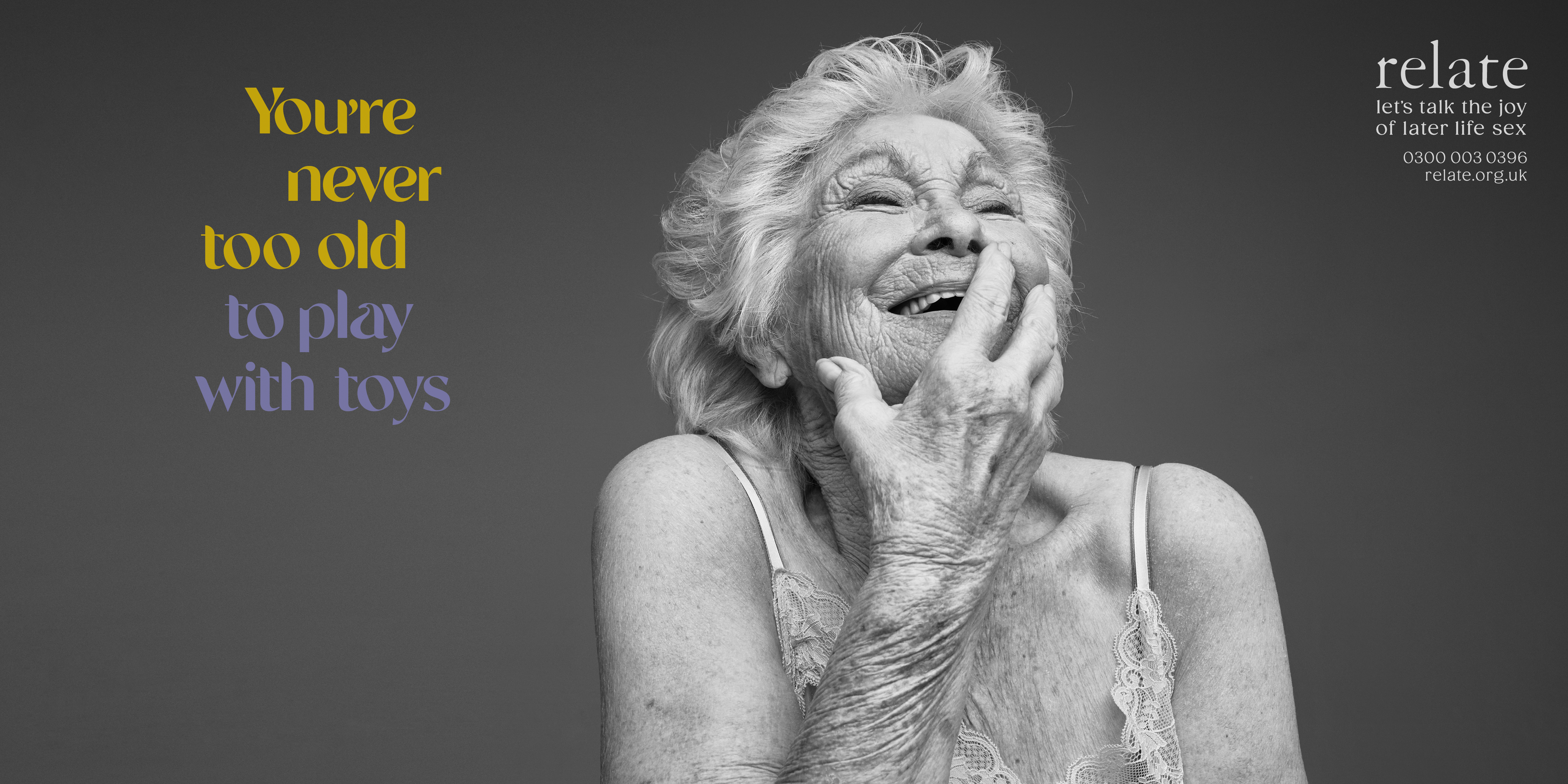 older woman smiling with caption 'You're never too old to play with toys'