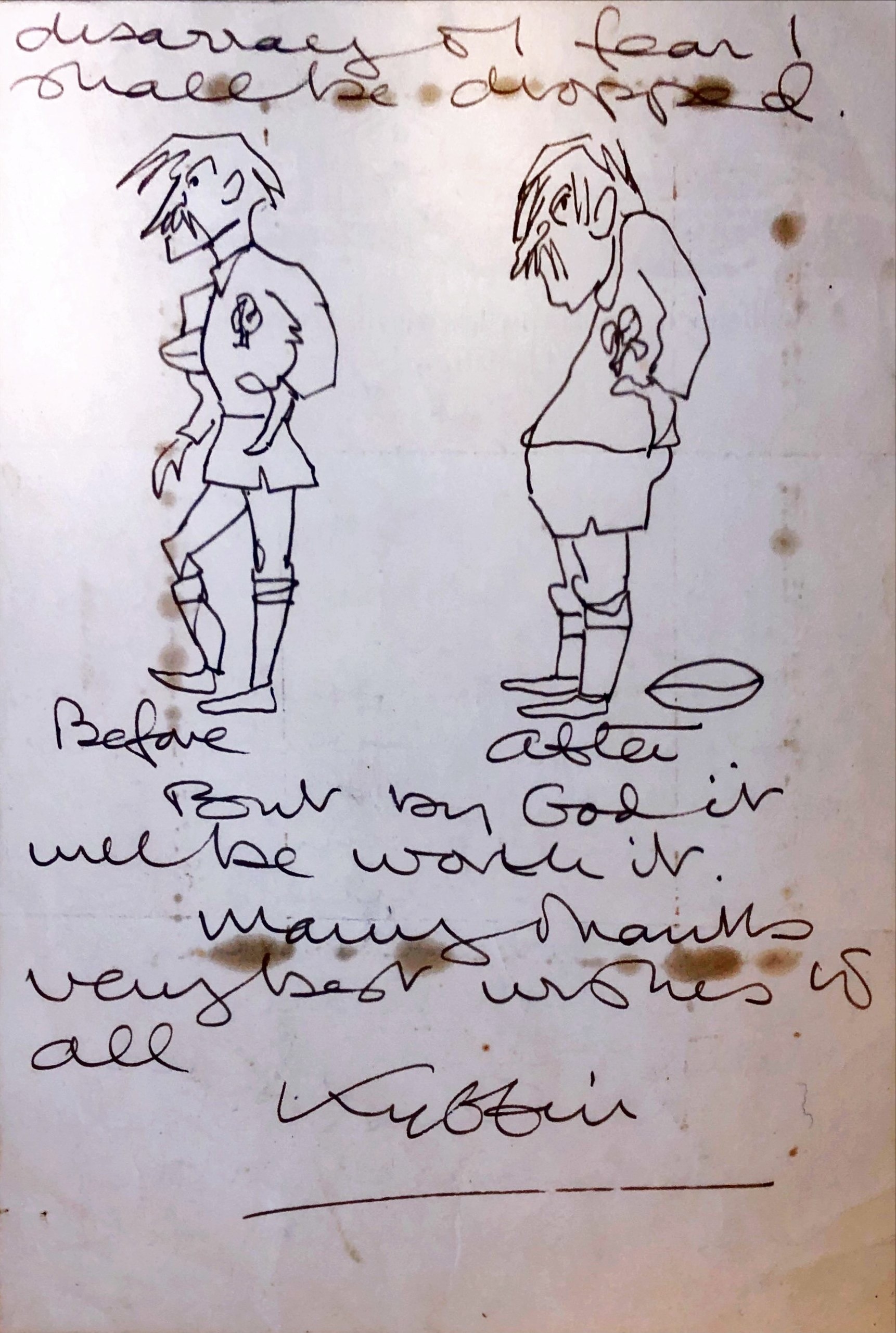 In the letter Sir Kyffin thanks the family for the homemade peppermint sweets and jokes after eating them all he will be too fat to play rugby for Wales (Parker Fine Art Auctions/PA).