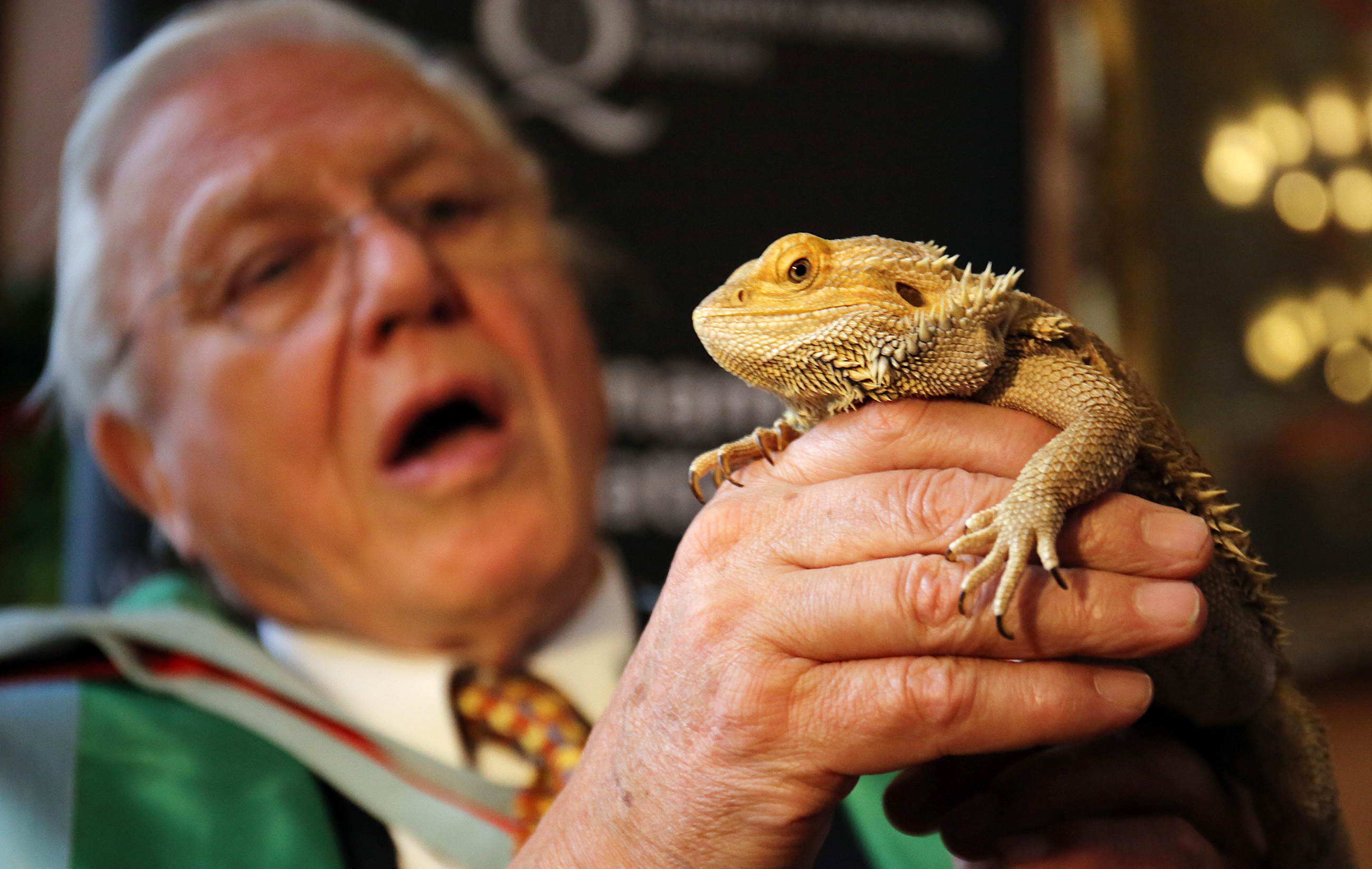 Sir David Attenborough with an Australian bearded dragon 