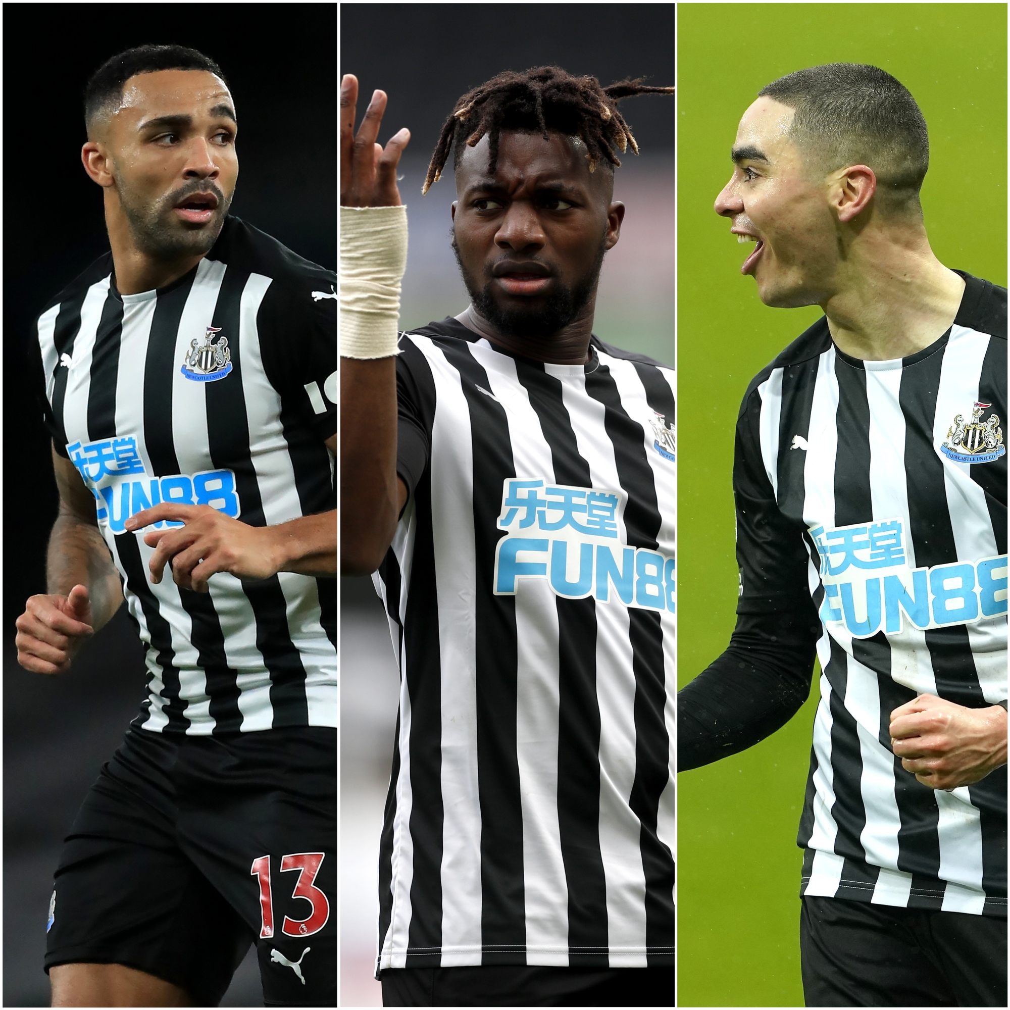 (Left to right), Newcastle's Callum Wilson, Alan Saint-Maximin and Miguel Almiron