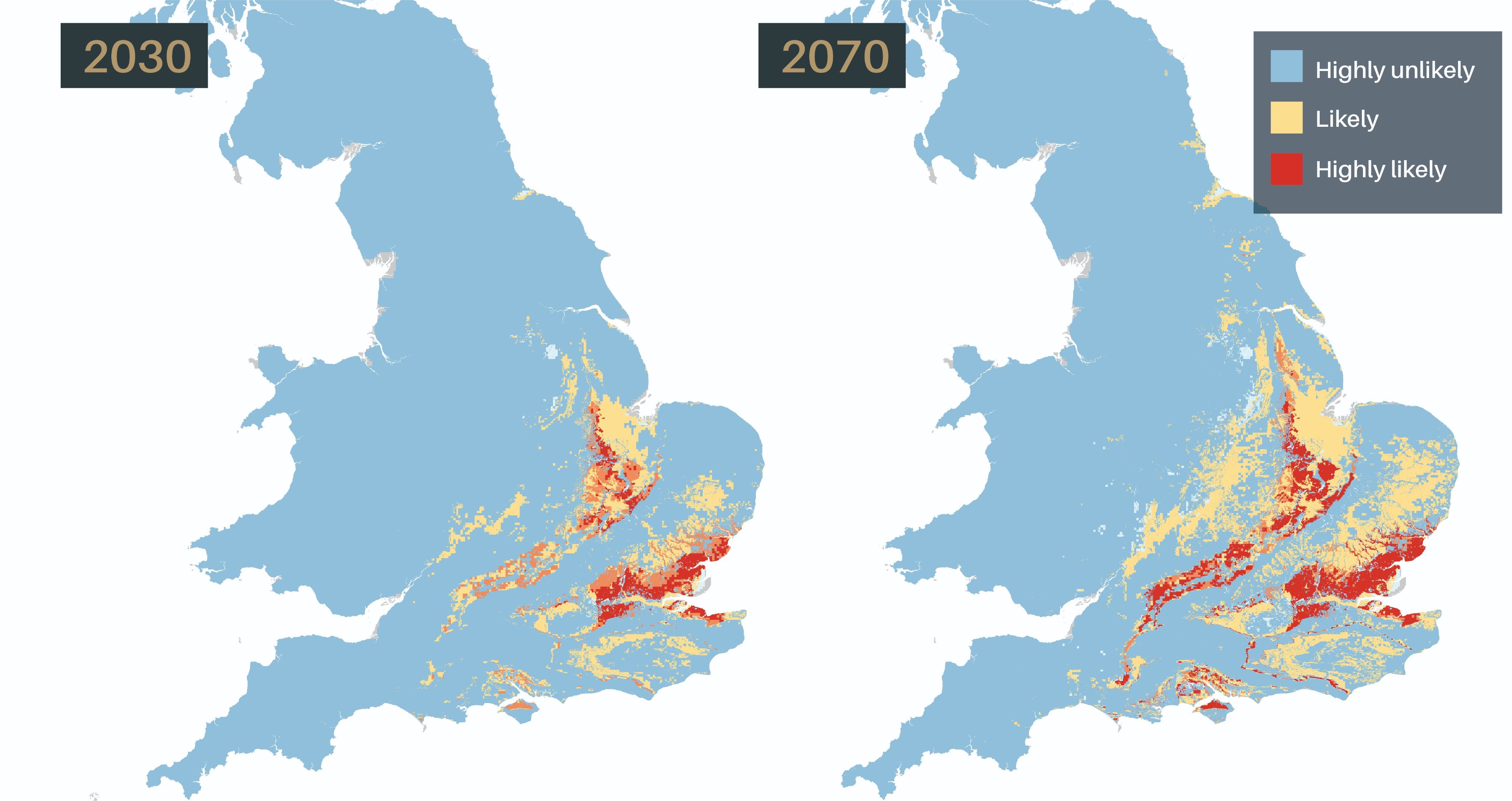 Map of regions projected to be affected up to 2070 (BGS/UKRI/PA)