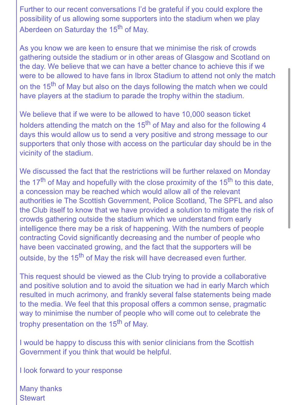 Letter from Rangers chief executive Stewart Robertson to Scottish Government offering to host 10,000 fans at Saturday's trophy presentation