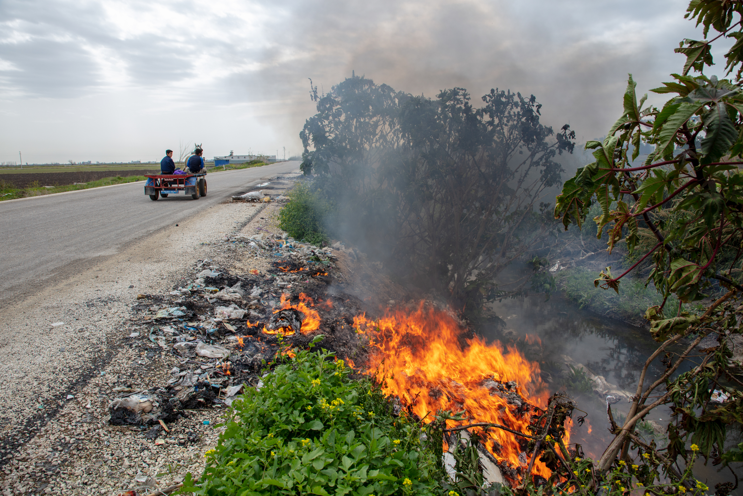 Rubbish burning on the side of a road in Turkey 