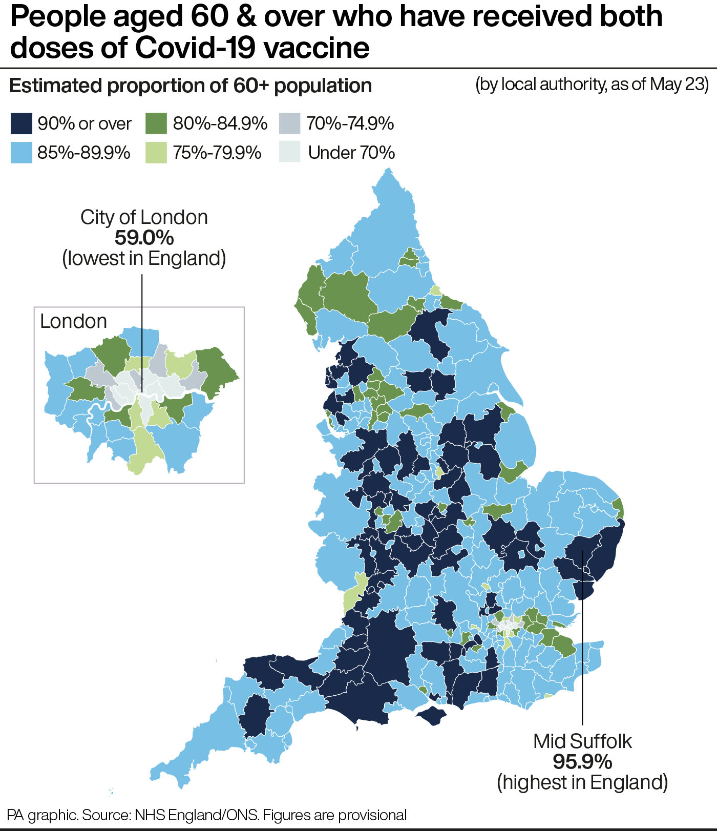 Second doses of Covid-19 vaccine for over-60s in England, by local ...