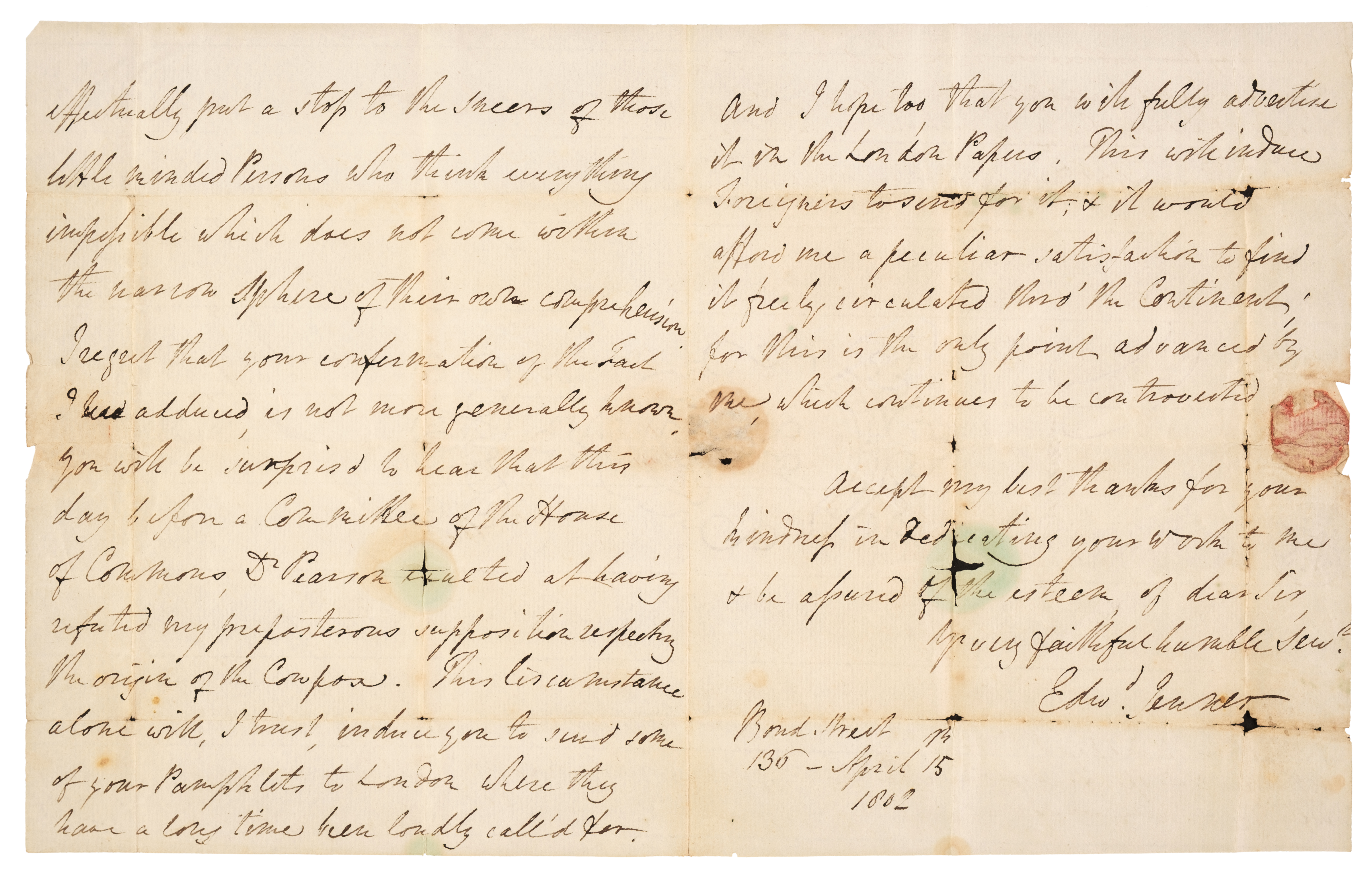 Dr Jenner wrote to Dr Loy to thank him for his research vindicating his theory about his smallpox vaccine (Dominic Winter Auctioneers/PA)