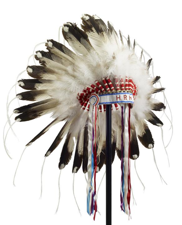 A First Nations feather headdress presented to Prince Philip by Jim Shot Both Sides, Head Chief of the Blood Reserve, during a Commonwealth Visit to Canada in 1973