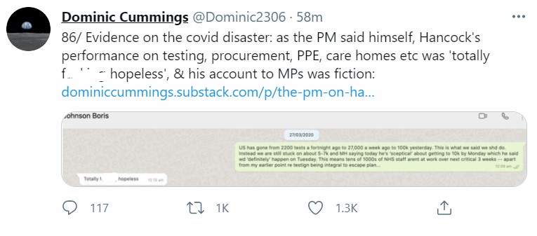 Screenshot of Dominic Cummings' post 