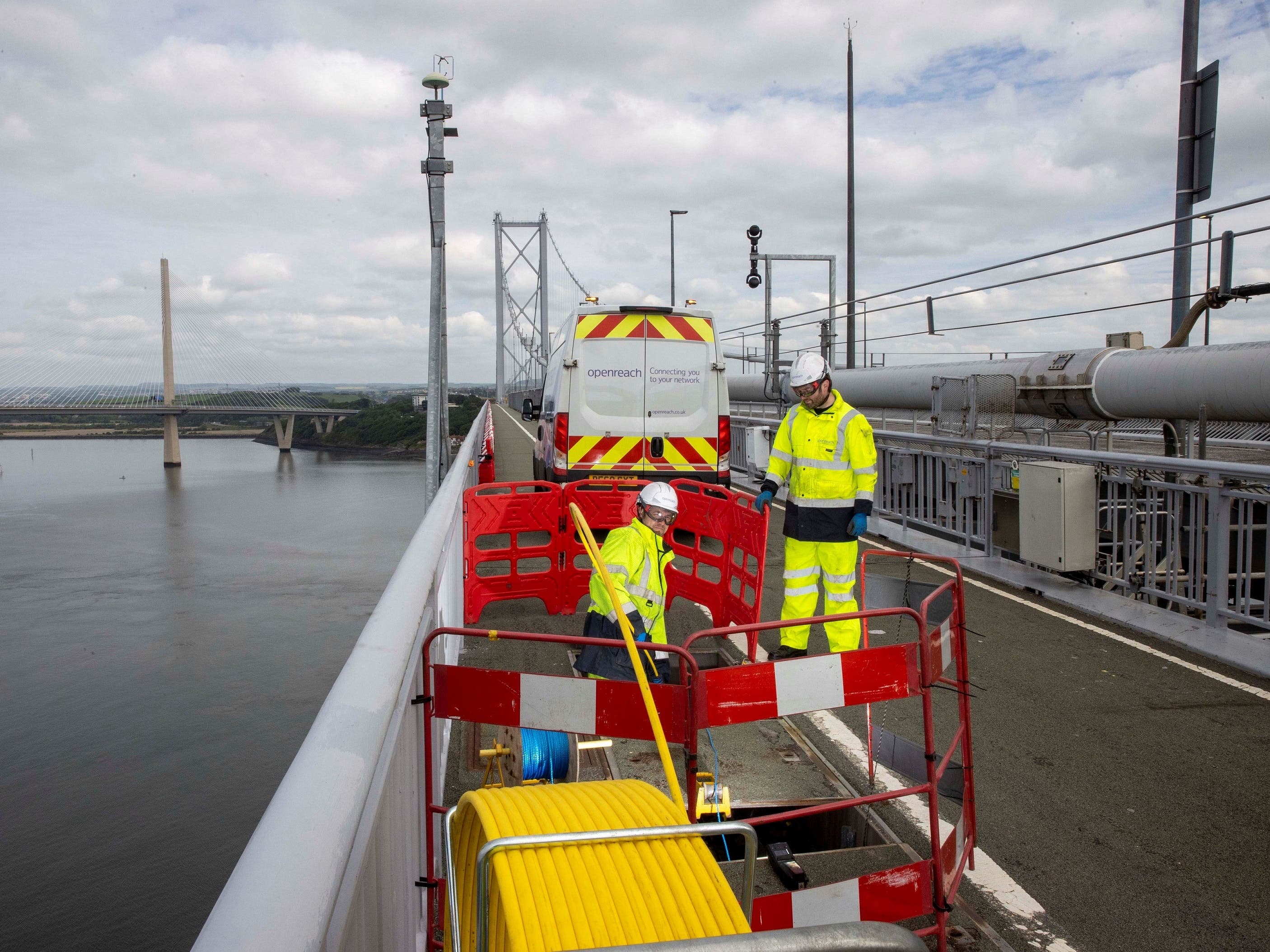 Openreach workers on the Forth Road Bridge