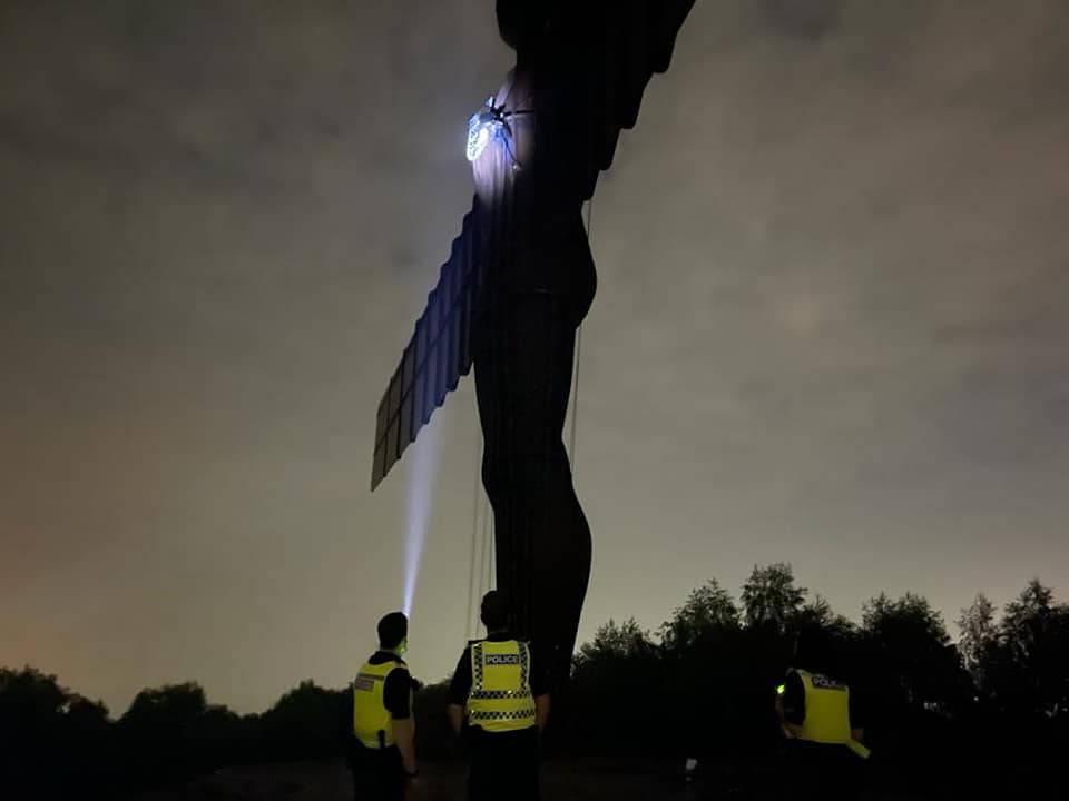 The Angel of the North with an England badge