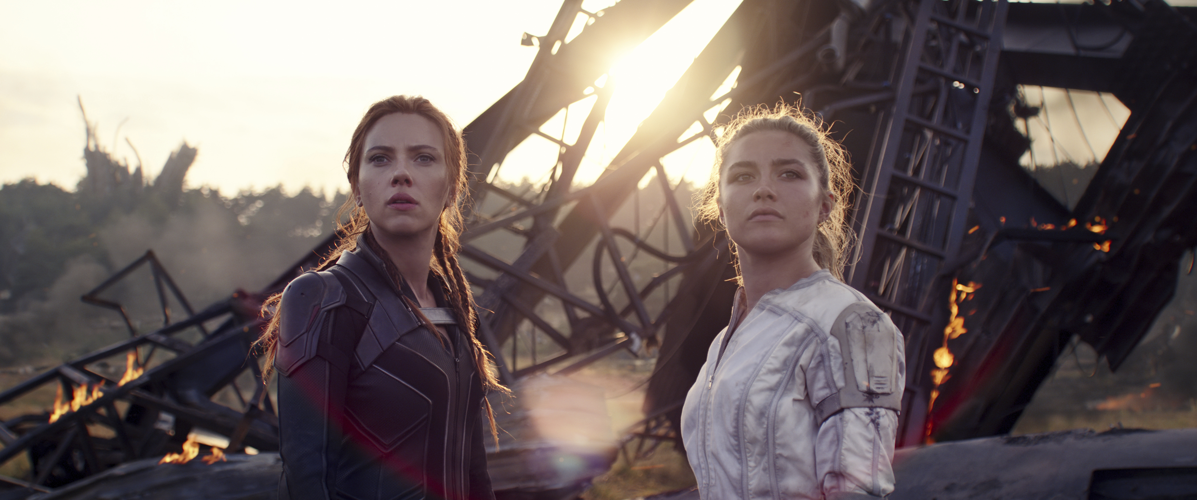 Scarlett Johansson, left, and Florence Pugh in a scene from Black Widow.