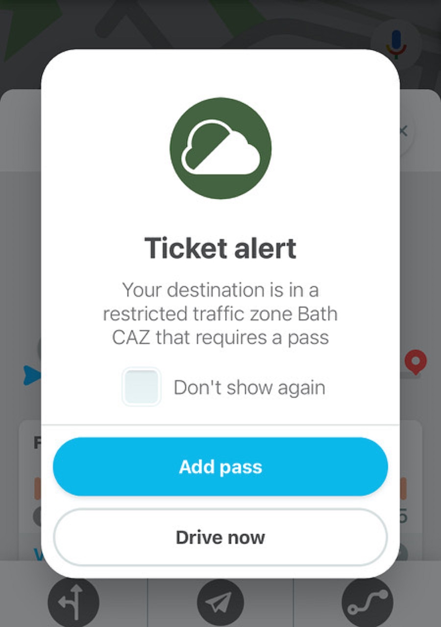 Waze app Clean Air Zone (CAZ) alert