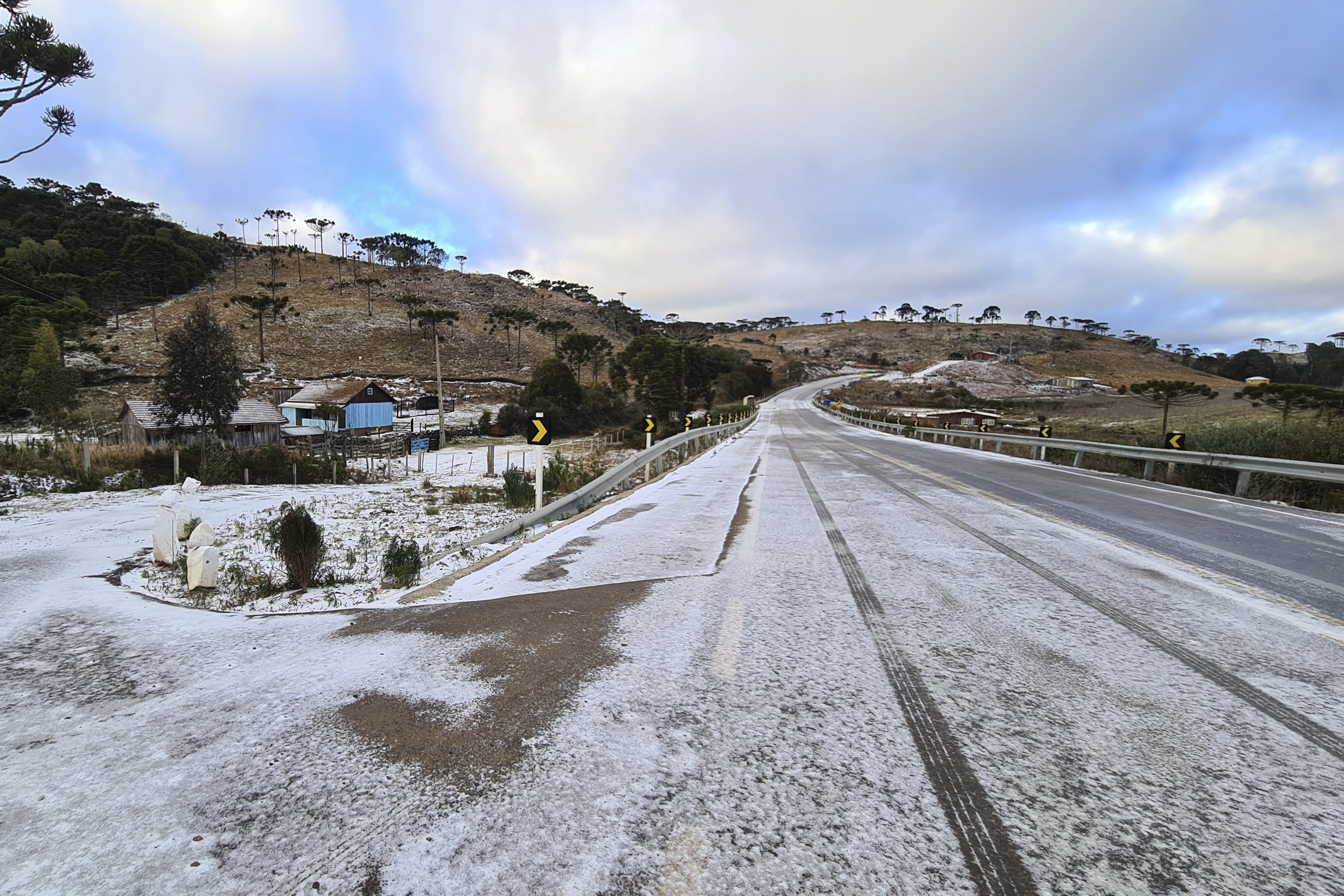Snow covers the road to Sao Joaquim, Brazil 