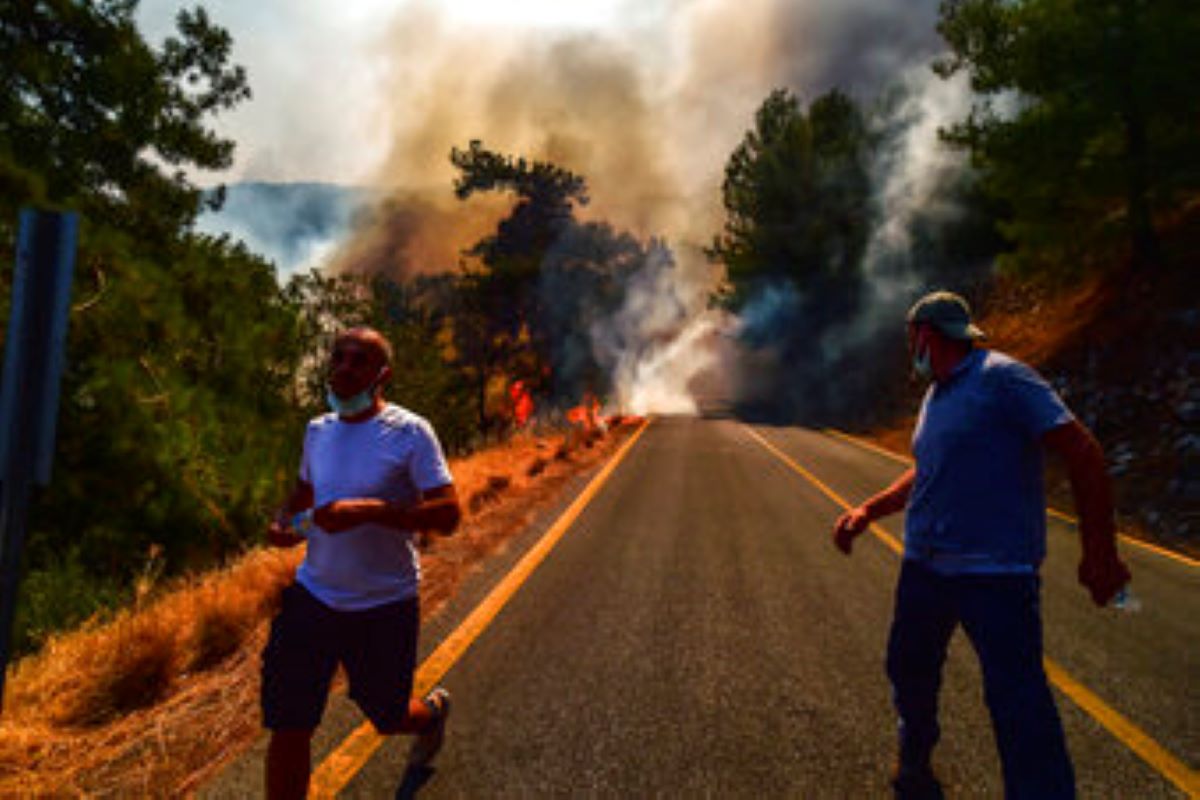People run away from wildfires near Bodrum, Turkey (Ismail Coskun/AP)
