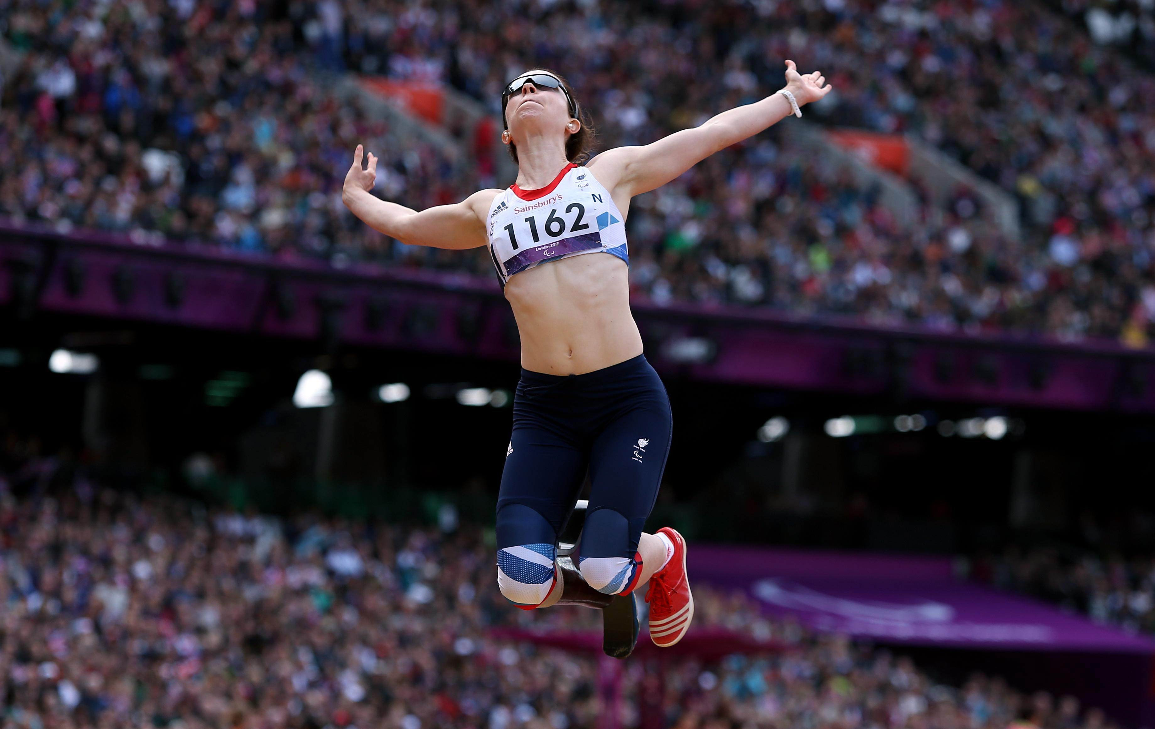 Stef reid doing long jump at the london 2012 paralympics