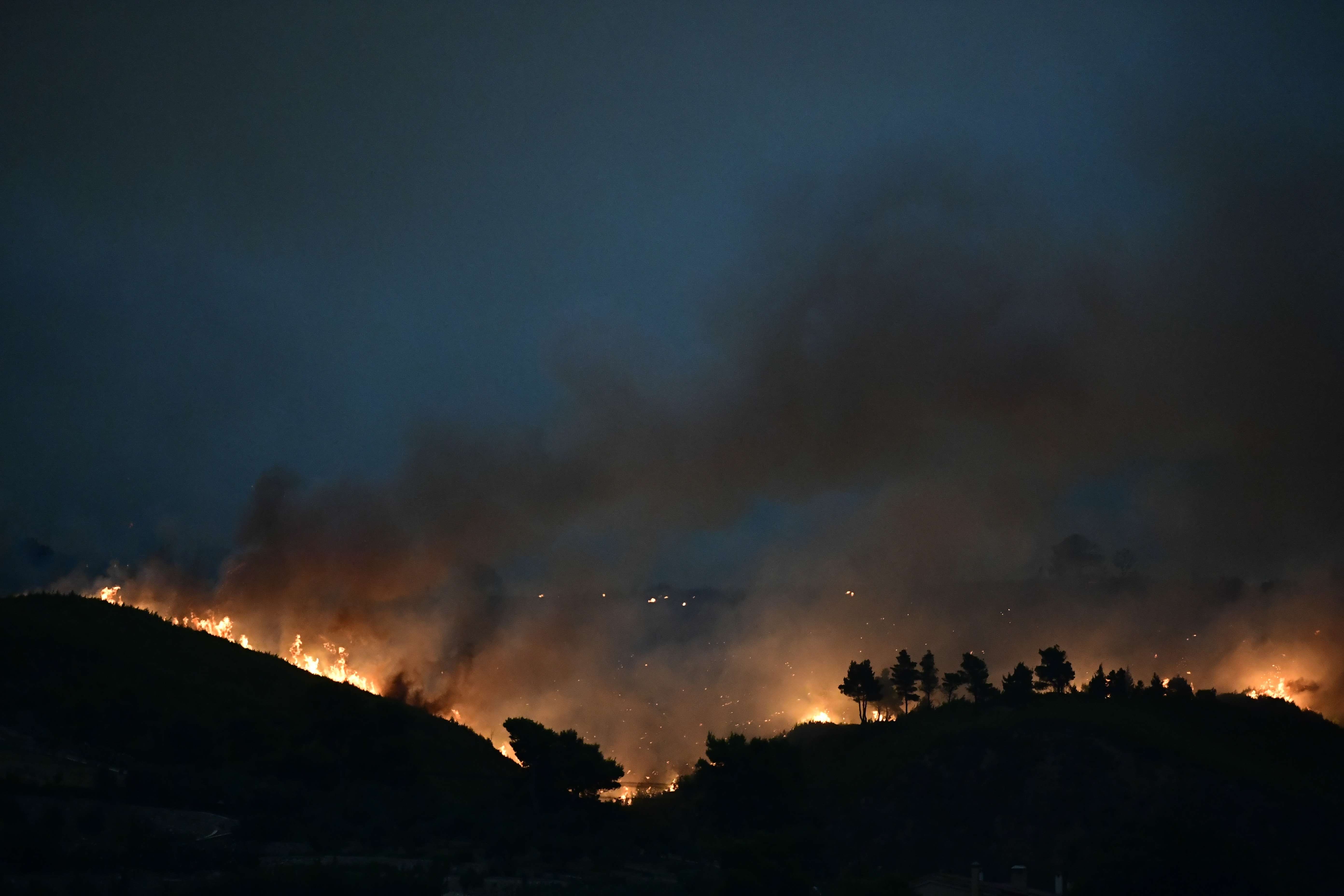 A wildfire burns a forest in Afidnes area, northern Athens (Michael Varaklas/AP)