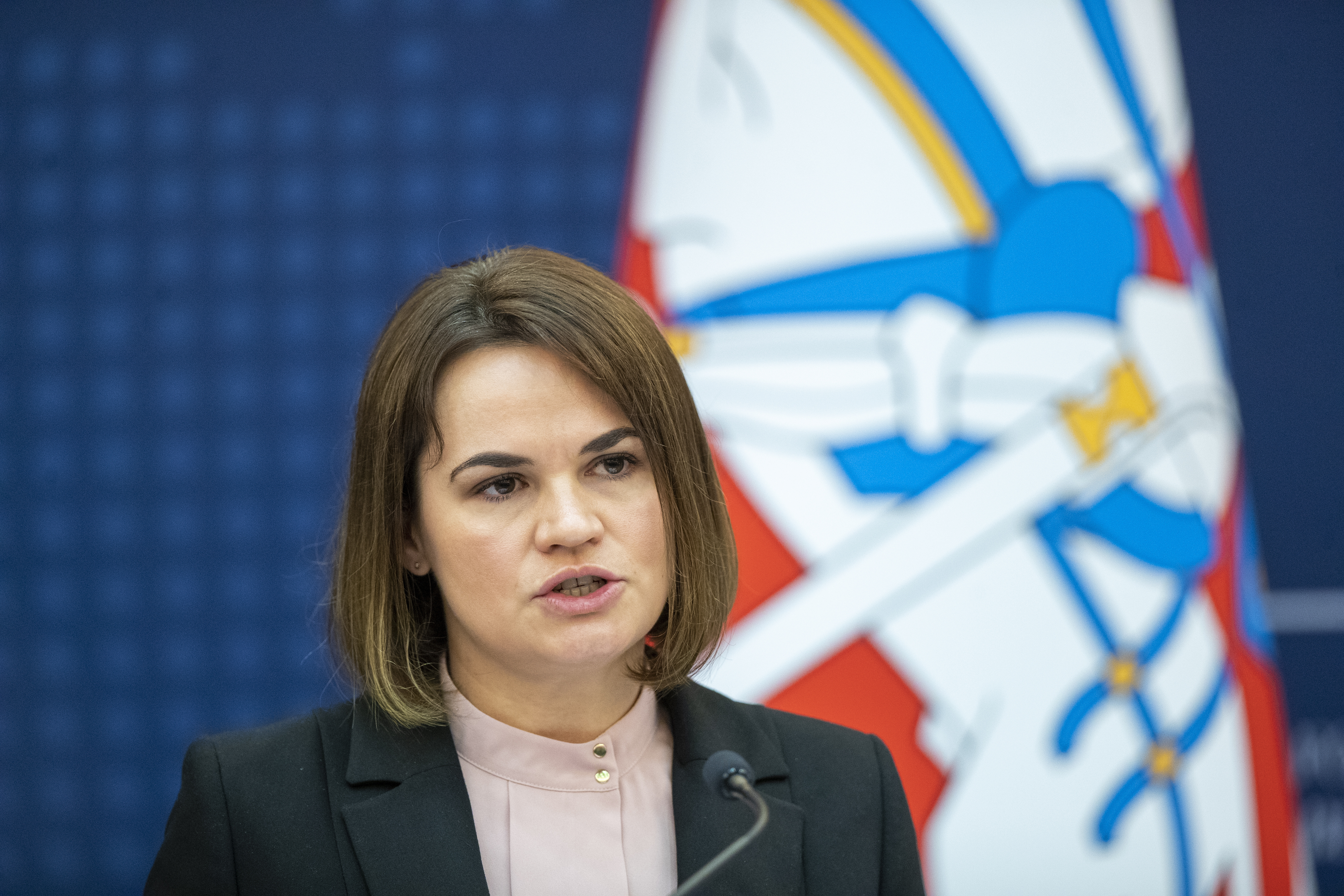 Belarusian opposition leader Sviatlana Tsikhanouskaya speaks during a press conference with Lithuania's minister of foreign affairs Gabrielius Landsbergis in the Ministry of Foreign Affairs in Vilnius, Lithuania